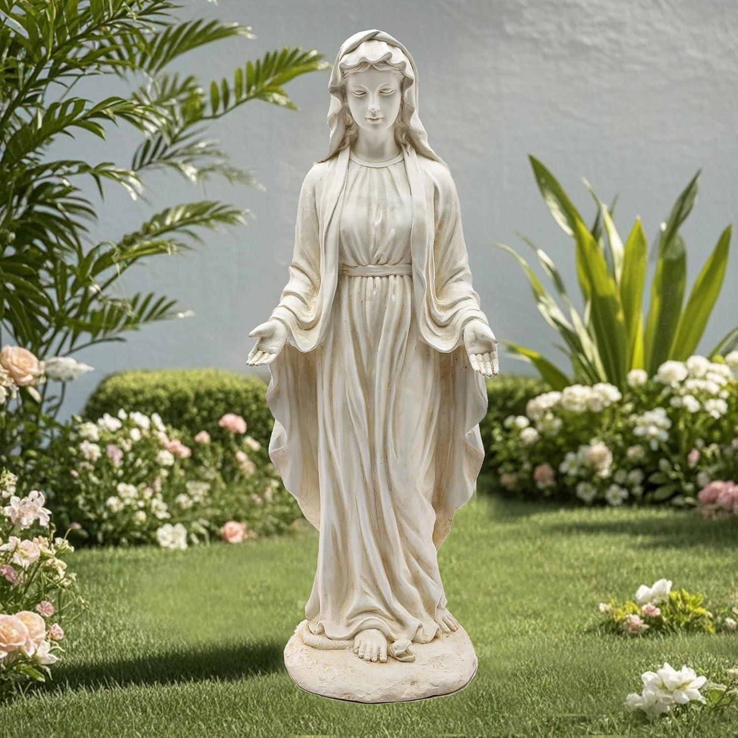 LuxenHome 30.5" H Virgin Mary Indoor Outdoor Statue Garden Statues, Ivory Off-White