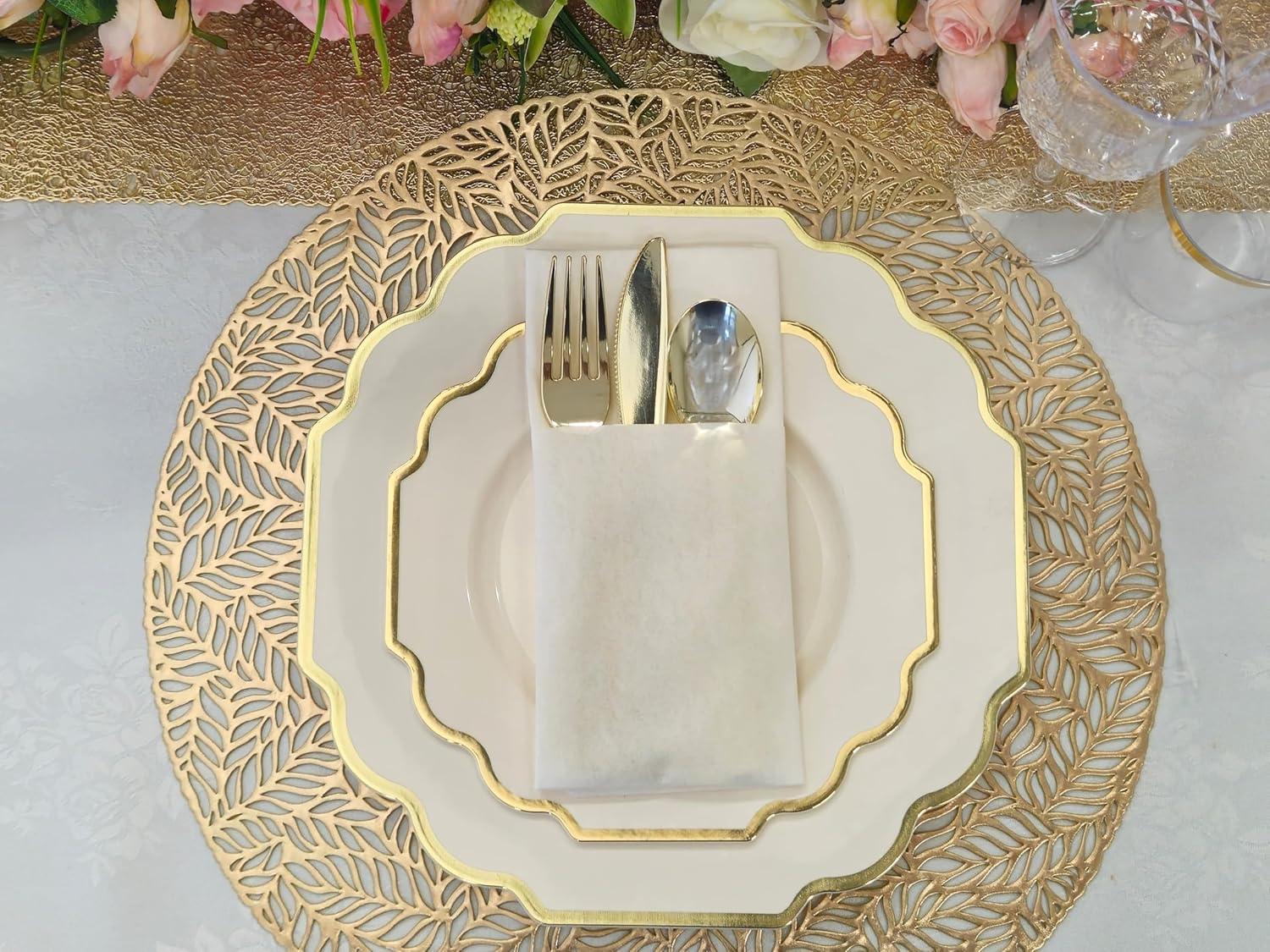 Imperial Ivory and Gold Disposable Plastic Wedding Plates Set