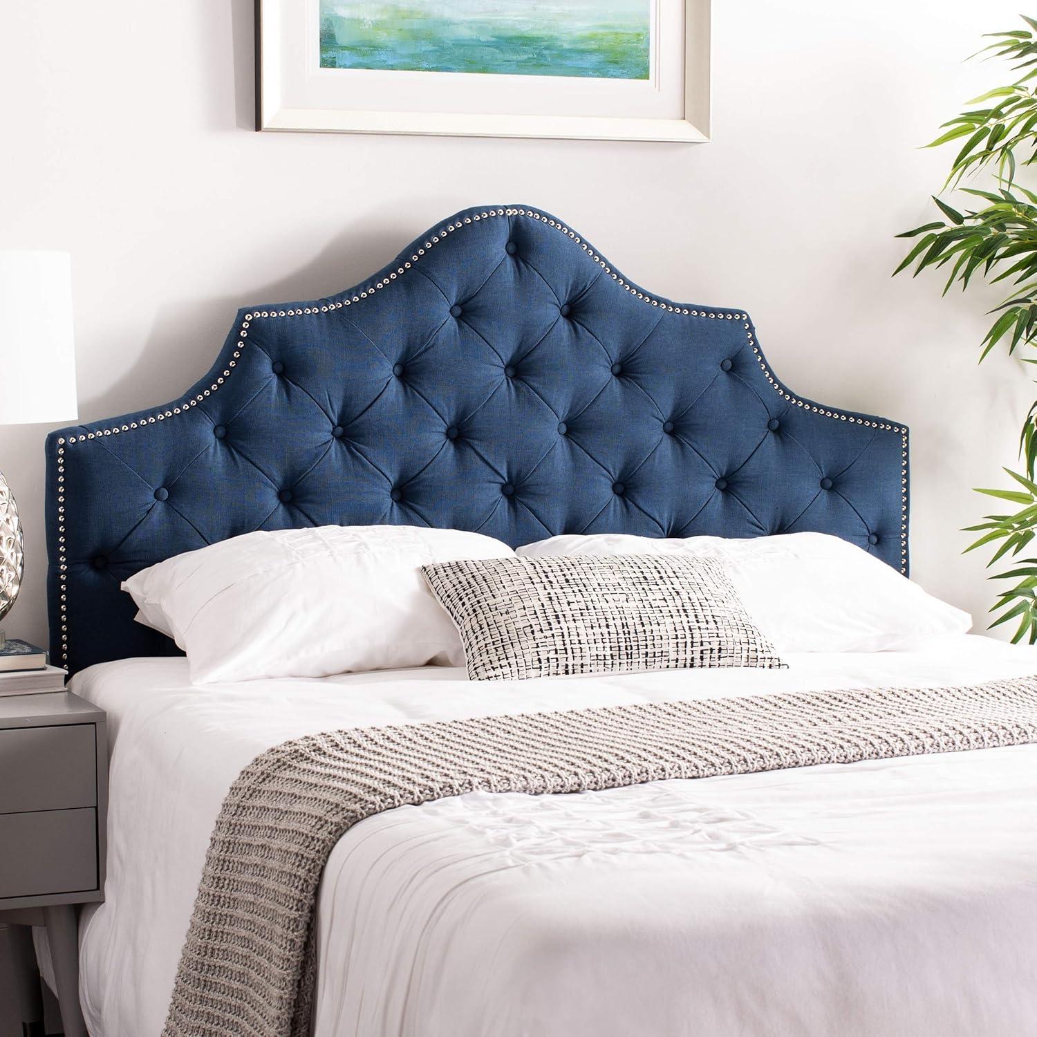 SAFAVIEH Arebelle Rustic Glam Tufted Headboard with Nail Heads, Queen, Steel Blue