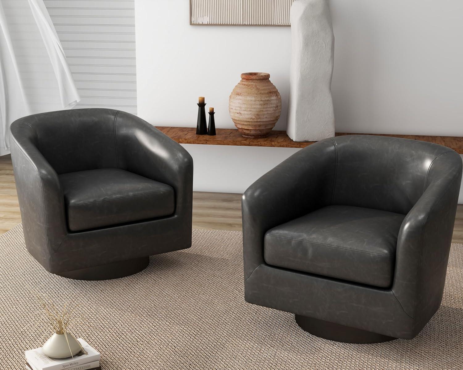 Black Faux Leather Swivel Barrel Accent Chair Set with Wood Base