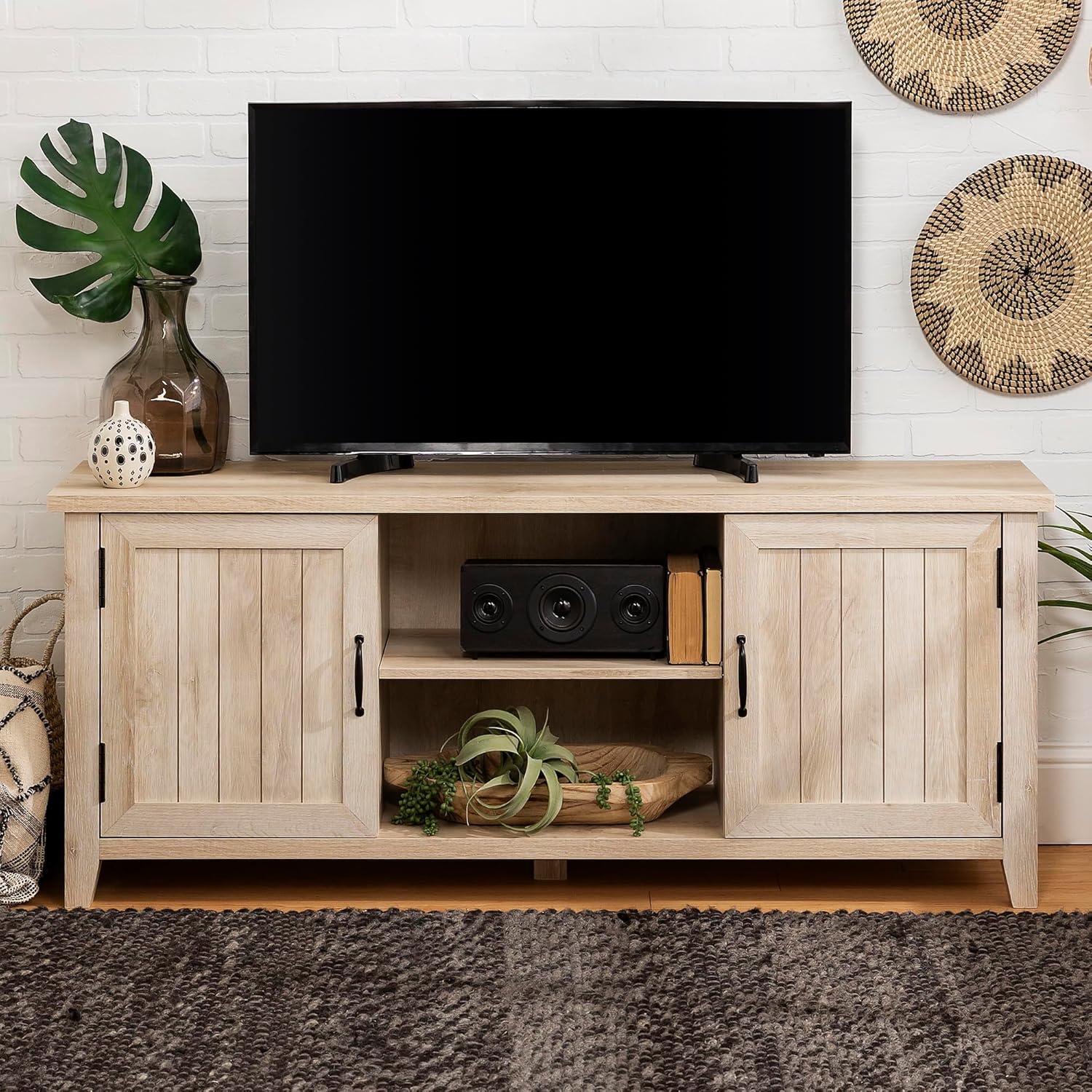 Transitional Grooved-Door 58" White Oak TV Stand with Cabinet