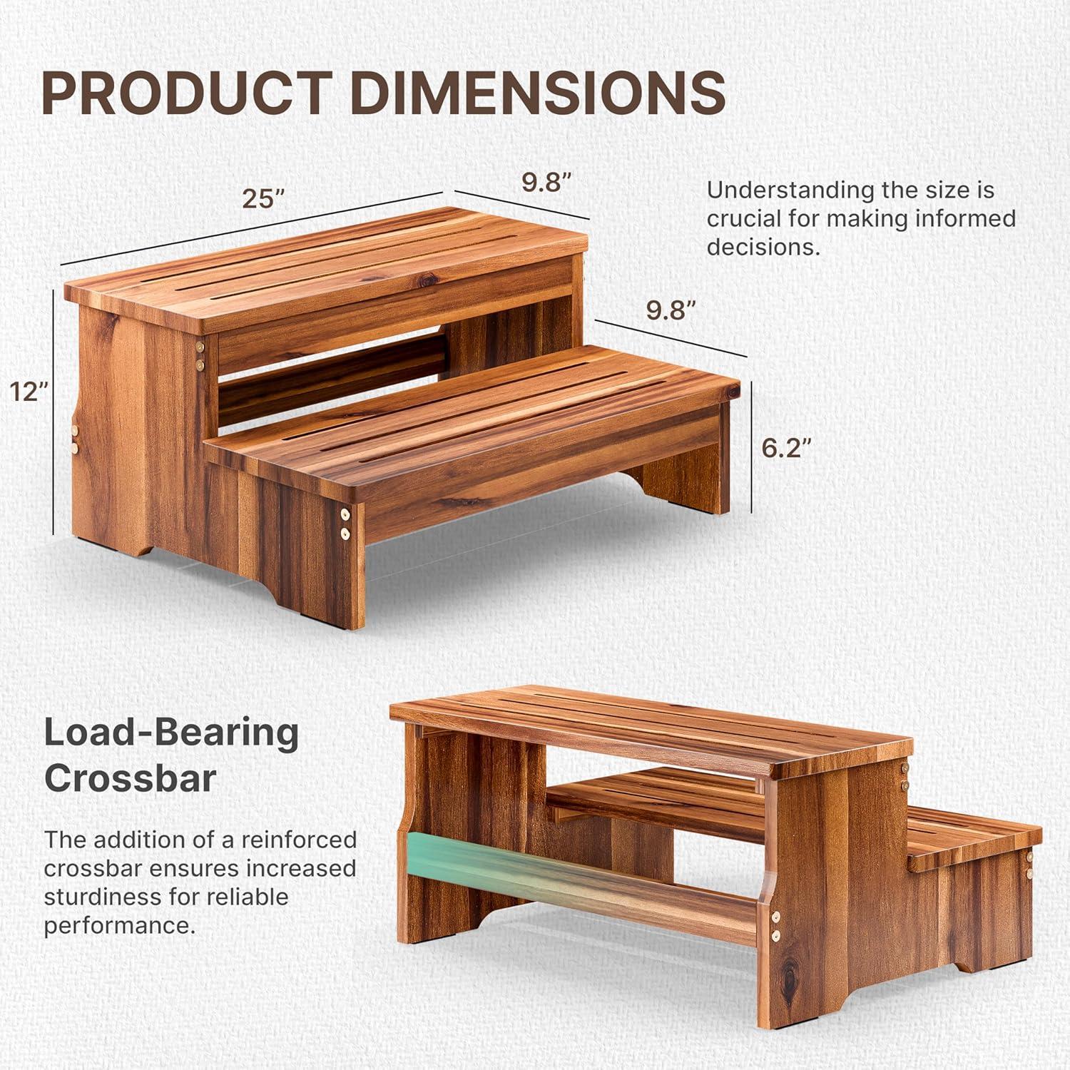 TINAMO 25" Long Step Stool for Adult & Kid - Wooden Two Step Stool 500 Lbs - Riser 2-Step Spa & Hot Tub Stairs for Pool - Heavy Duty 2 Step Stools for Bed, Kitchen/Outdoor - Patent Pending (Acacia)