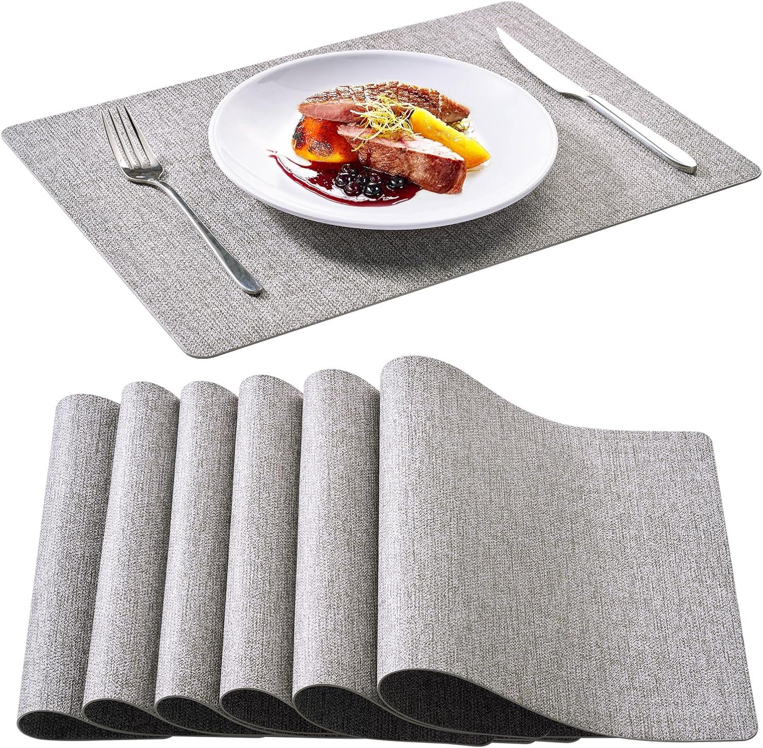 FOCUSLINE Faux Leather Placemats Set of 6, Light Grey Table Place Mats, Waterproof and Non-Slip Dining Table Mats for Indoor & Outdoor Use