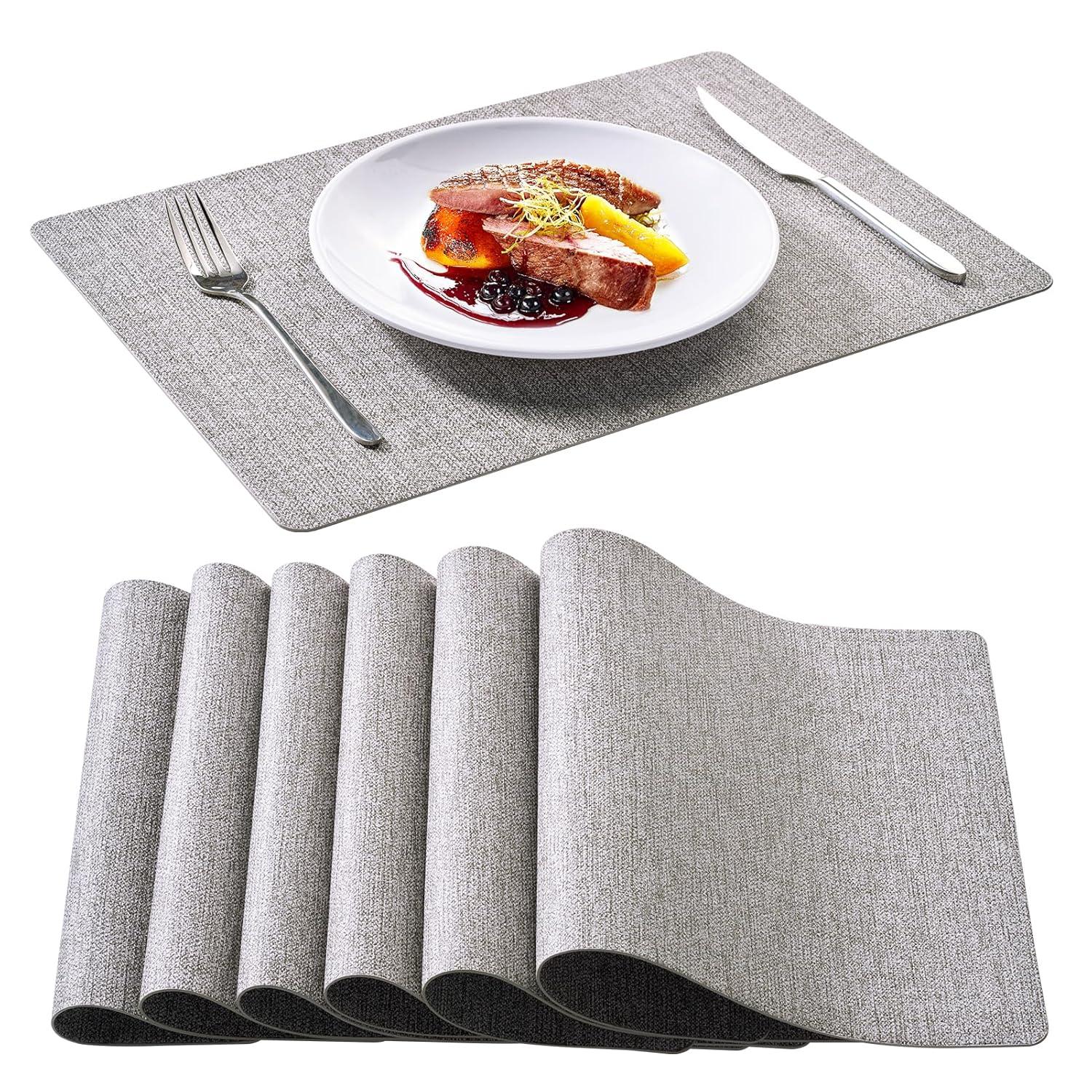 FOCUSLINE Faux Leather Placemats Set of 6, Light Grey Table Place Mats, Waterproof and Non-Slip Dining Table Mats for Indoor & Outdoor Use