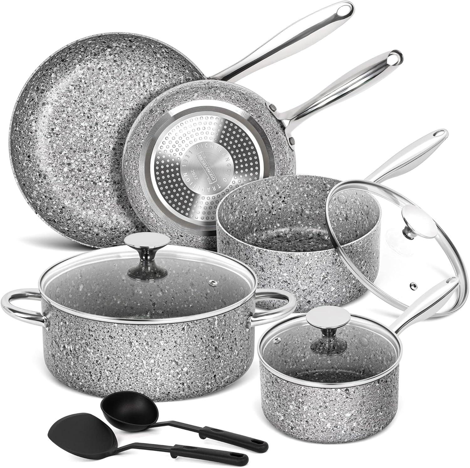 MICHELANGELO Pots and Pans Set 10 Piece, Cookware Set with Granite Coatings for Super Nonstick Result Essential Stone Cookware Sets with Utensil Set, Induction Compatible, PFOA Free