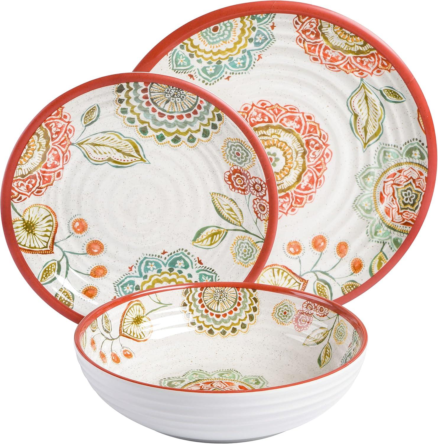 Laurie Gates Brick Floral Ripple 12 Piece Melamine Dinnerware Set in Red