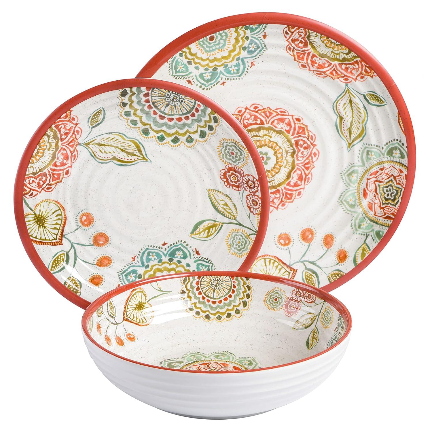 Laurie Gates Brick Floral Ripple 12 Piece Melamine Dinnerware Set in Red