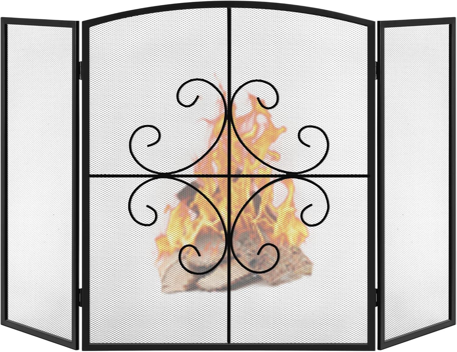 Black Wrought Iron Three-Panel Mesh Fireplace Screen