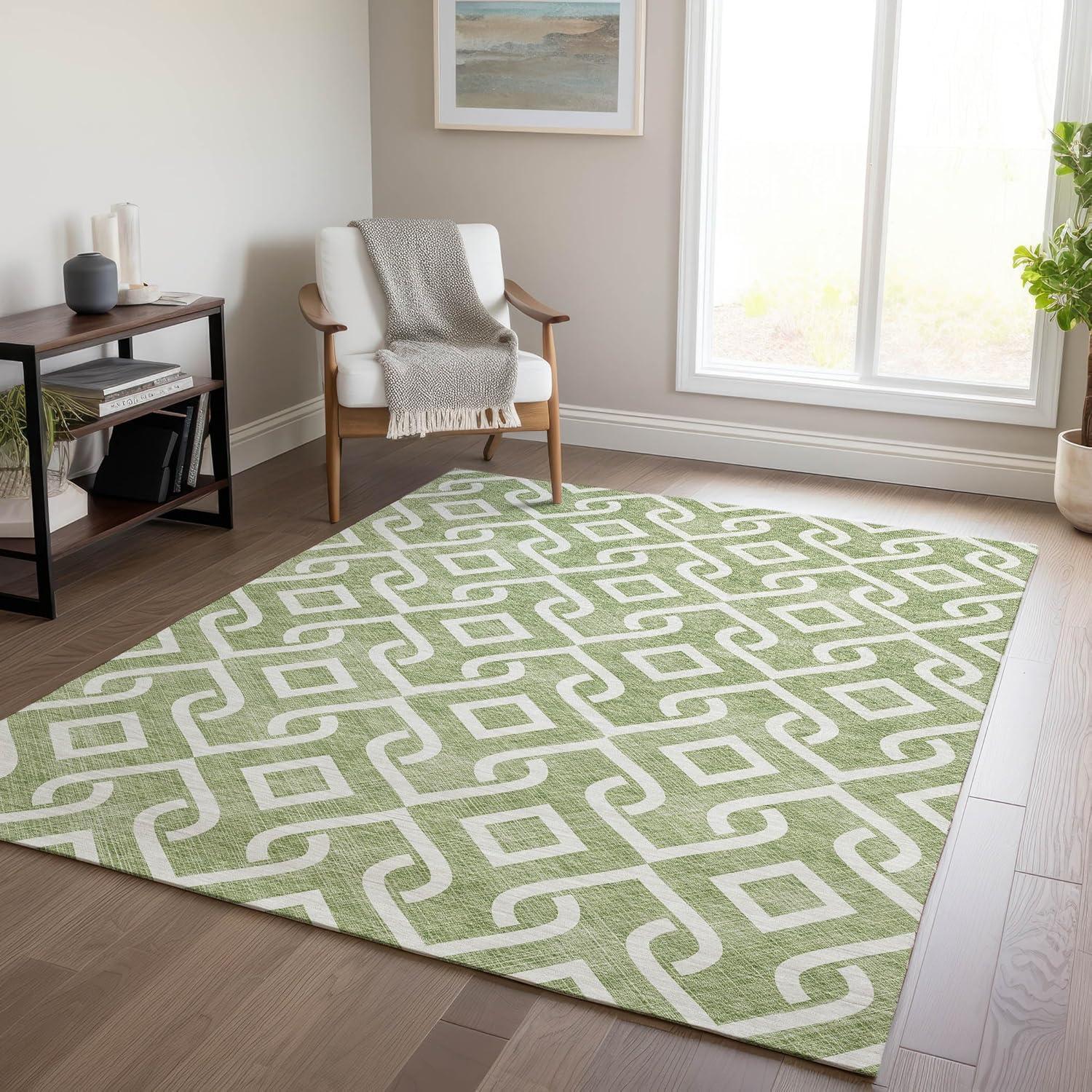 Green Geometric 8' x 10' Machine Washable Indoor Outdoor Rug