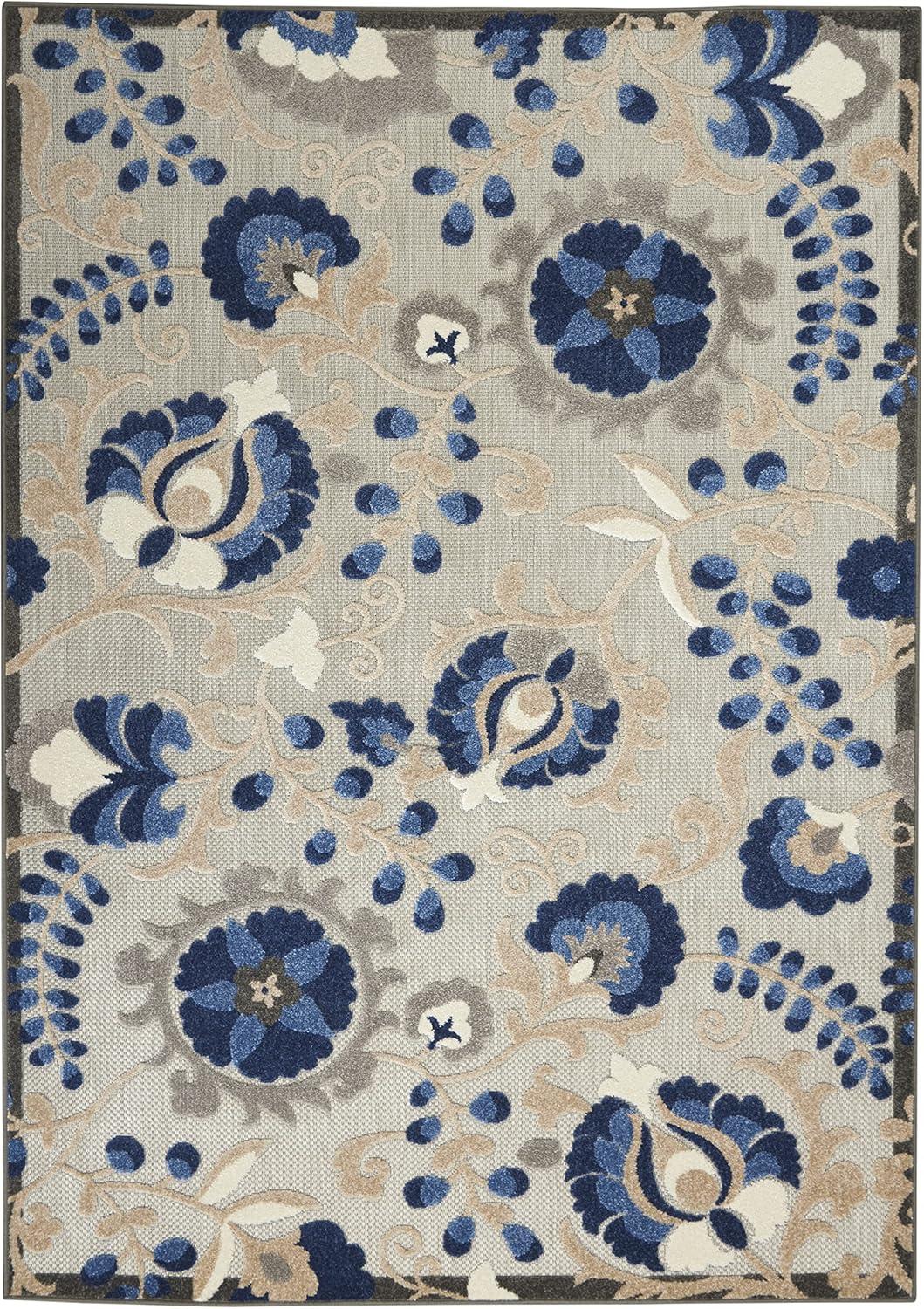 Nourison Aloha Floral Textured Flatweave High-Low Indoor Outdoor Area Rug Natural/Blue 5'3" x 7'5"