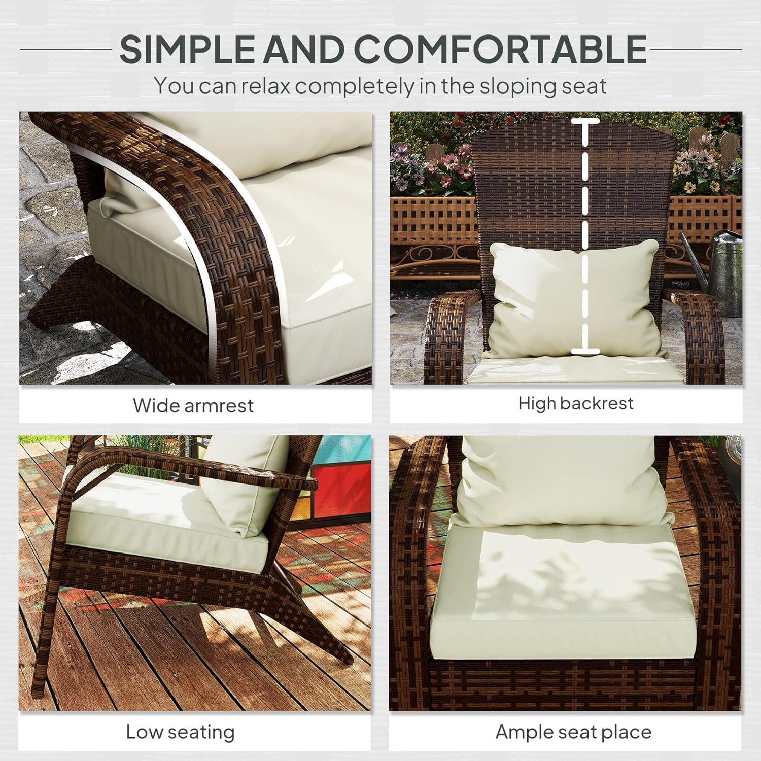 Outsunny Patio Adirondack Chair with All-Weather Rattan Wicker, Soft Cushions, Tall Curved Backrest for Deck or Garden, Light Gray