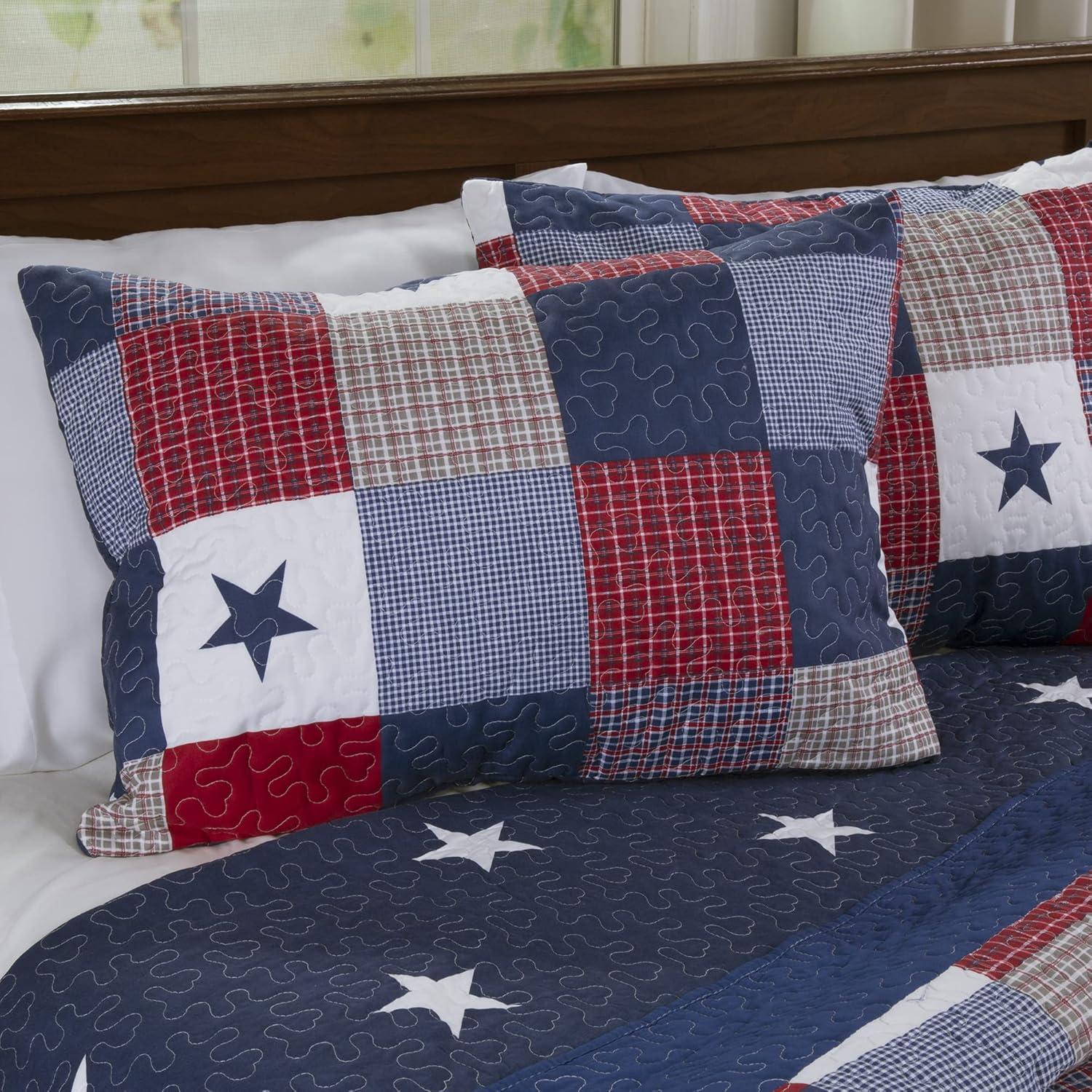 Caroline Quilt Set - Microfiber Americana Stars and Plaid Patchwork Bedding with 2 Pillow Shams