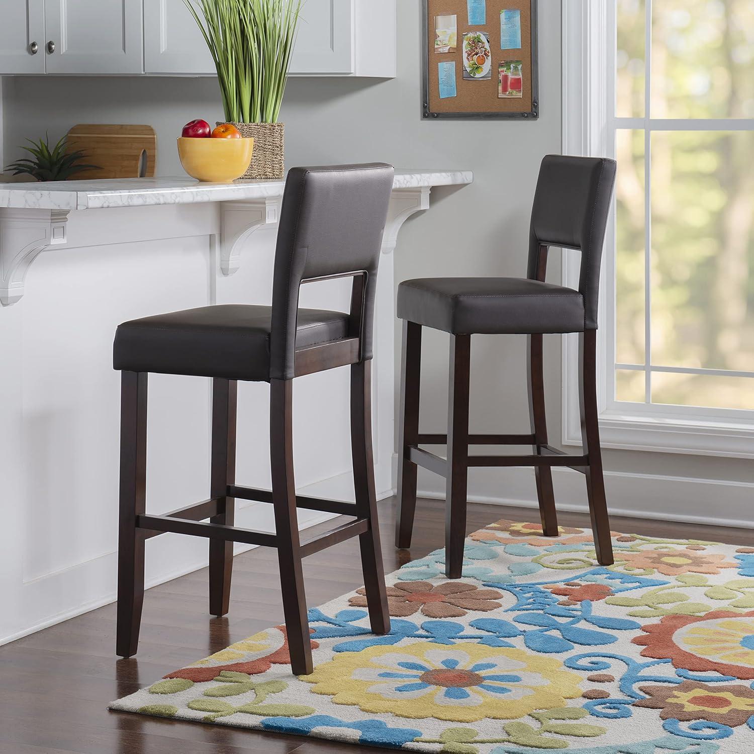 Linon 30" Vega Padded Back and Seat Faux Leather Barstool Hardwood/Espresso : Upholstered, Armless, Fixed Height