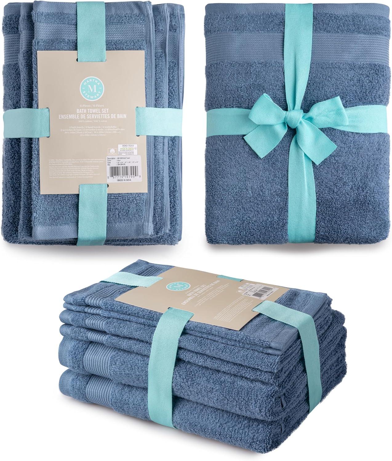 Blue 100% Cotton 6-Piece Bath Towel Set