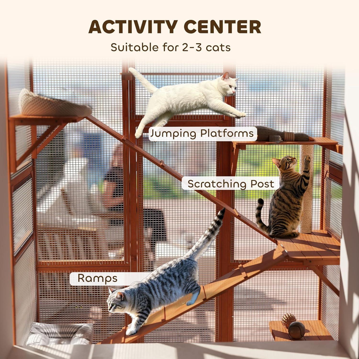 PawHut Outdoor Catio Cat Enclosure, Large Wooden Cat House with 6 Jumping Platforms, Scratching Post, 2 Ramps, Waterproof Roof, for 2-3 Kittens