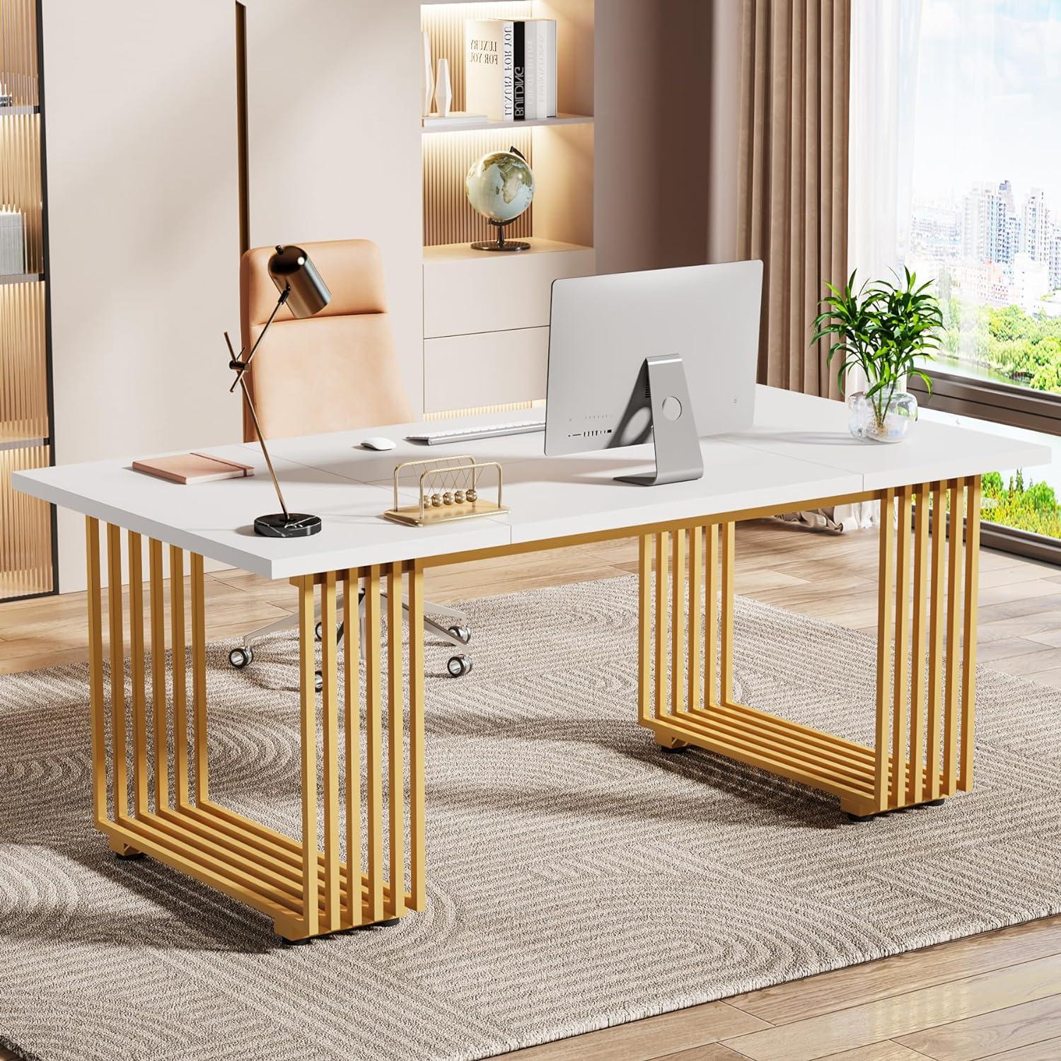 Tribesigns 70.9" Executive Office Desk, Modern Conference Desk with Metal Frame, White Gold