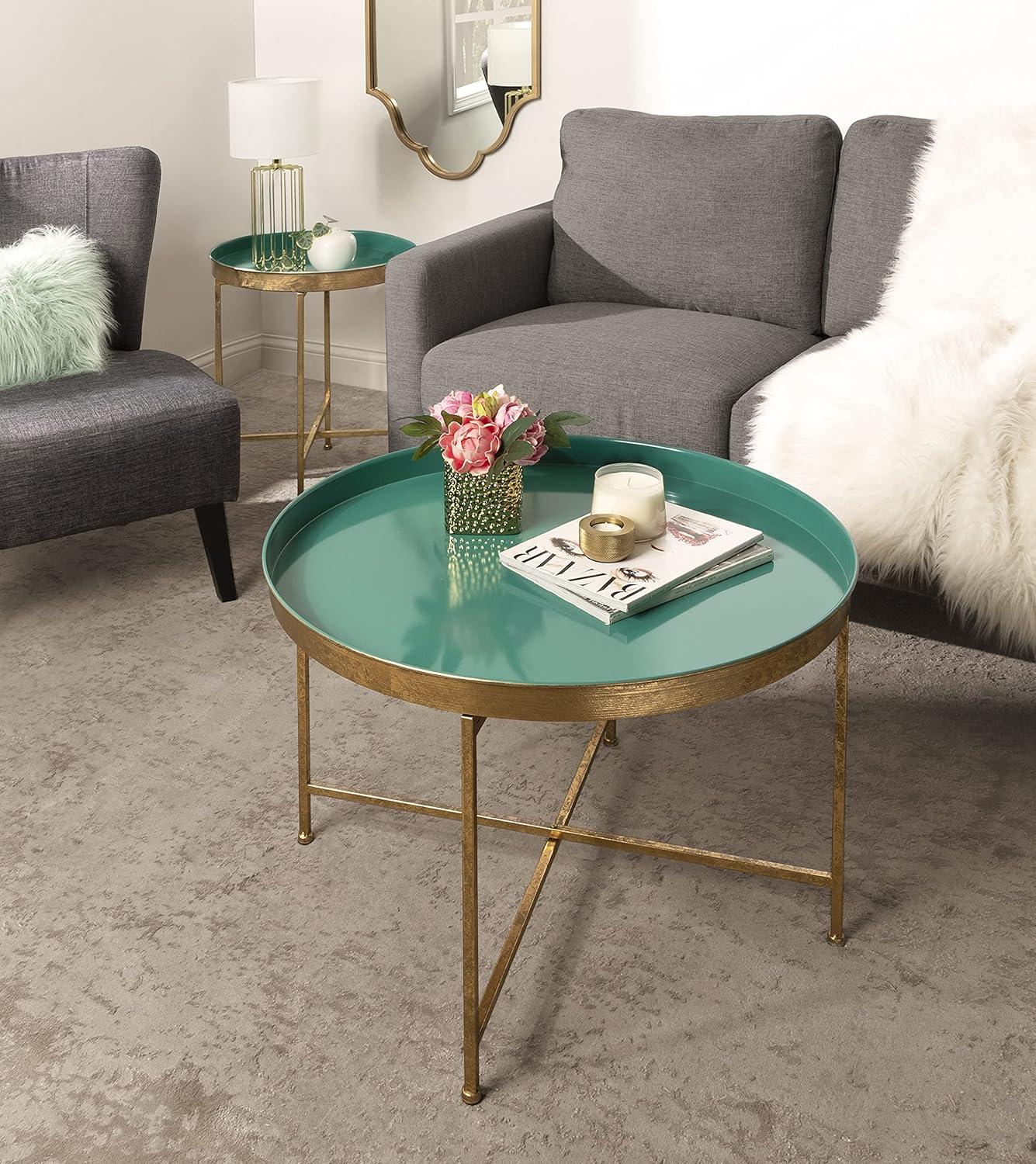 Kate and Laurel Celia Round Metal Coffee Table, 28.25x28.25x19, Teal and Gold