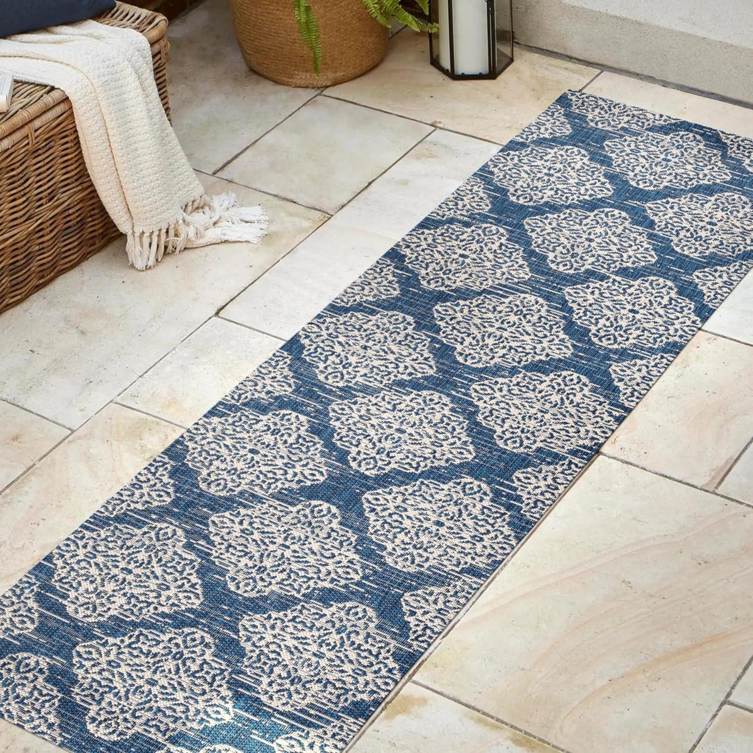 JONATHAN Y SMB121A-28 Tuscany Ornate Medallions Navy/Beige 2 ft. x 8 ft. Indoor/Outdoor Runner Rug, Casual, Pet Friendly, Stain Resistant, Easy to Clean, for Patio, Living Room; Kitchen, Bedroom