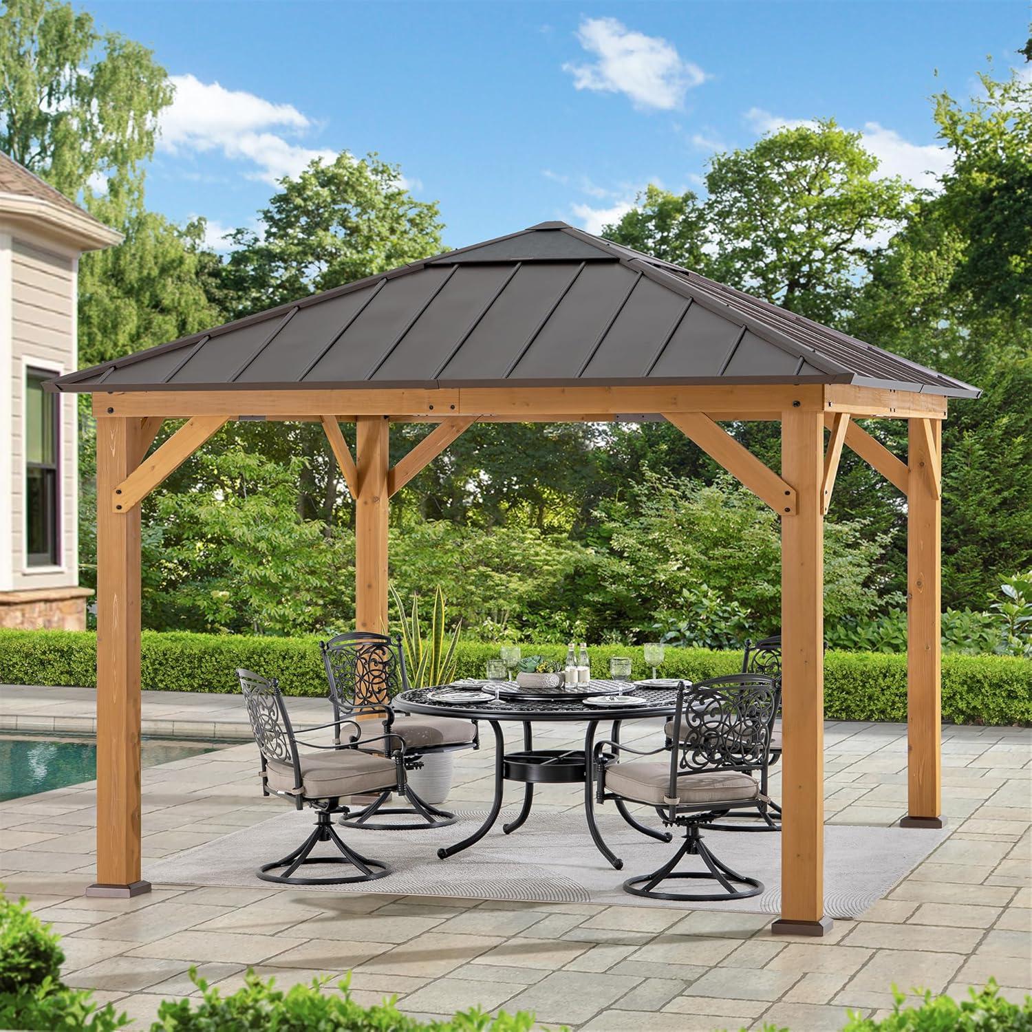 Sunjoy Hardtop Gazebo 11 x 11 ft. Cedar Framed Wood Gazebo with Brown Steel and Polycarbonate Hip Roof Hardtop for Garden, Backyard Shade