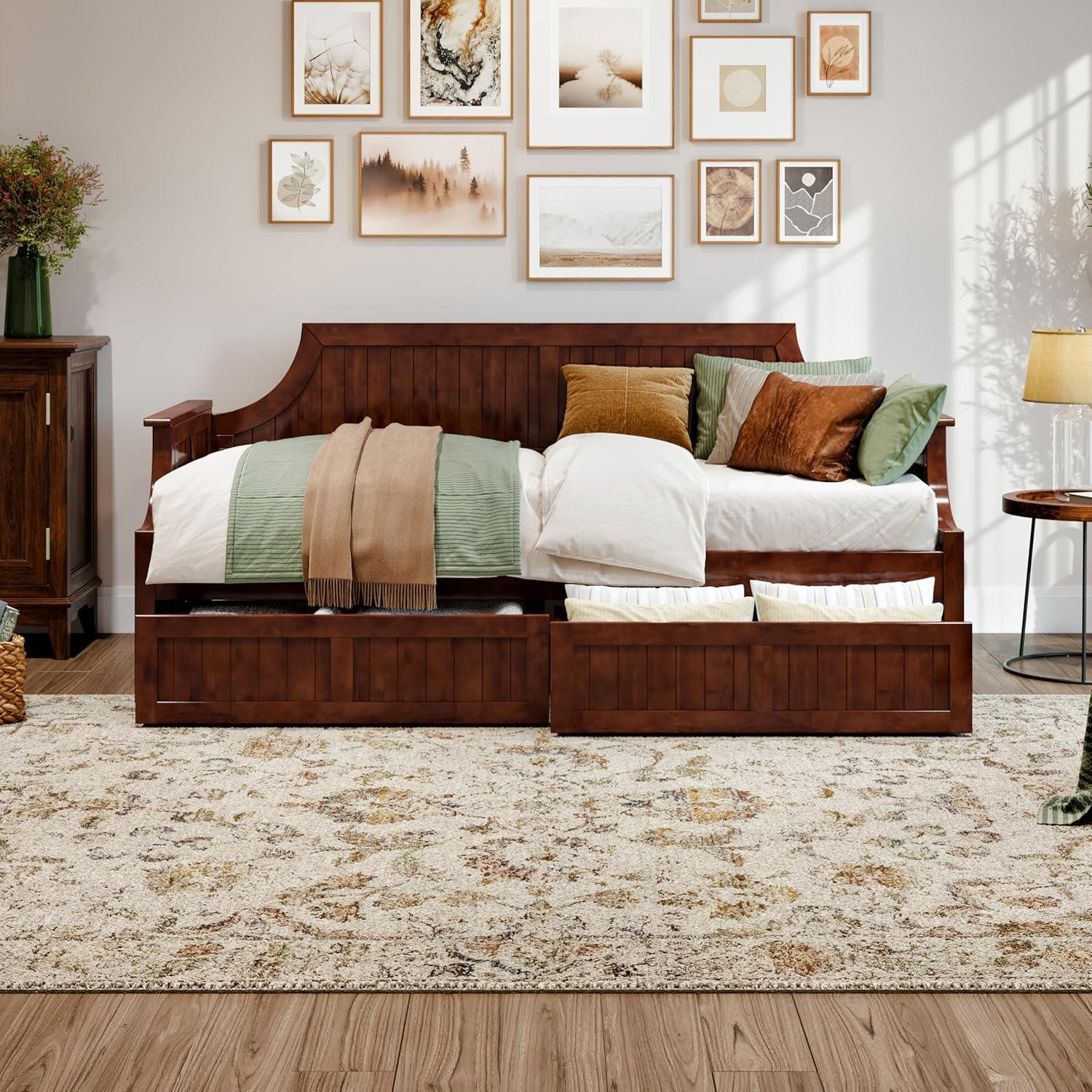 AFI Cambridge Wood Twin Size Daybed Frame with 2 Storage Drawers, Light Toffee