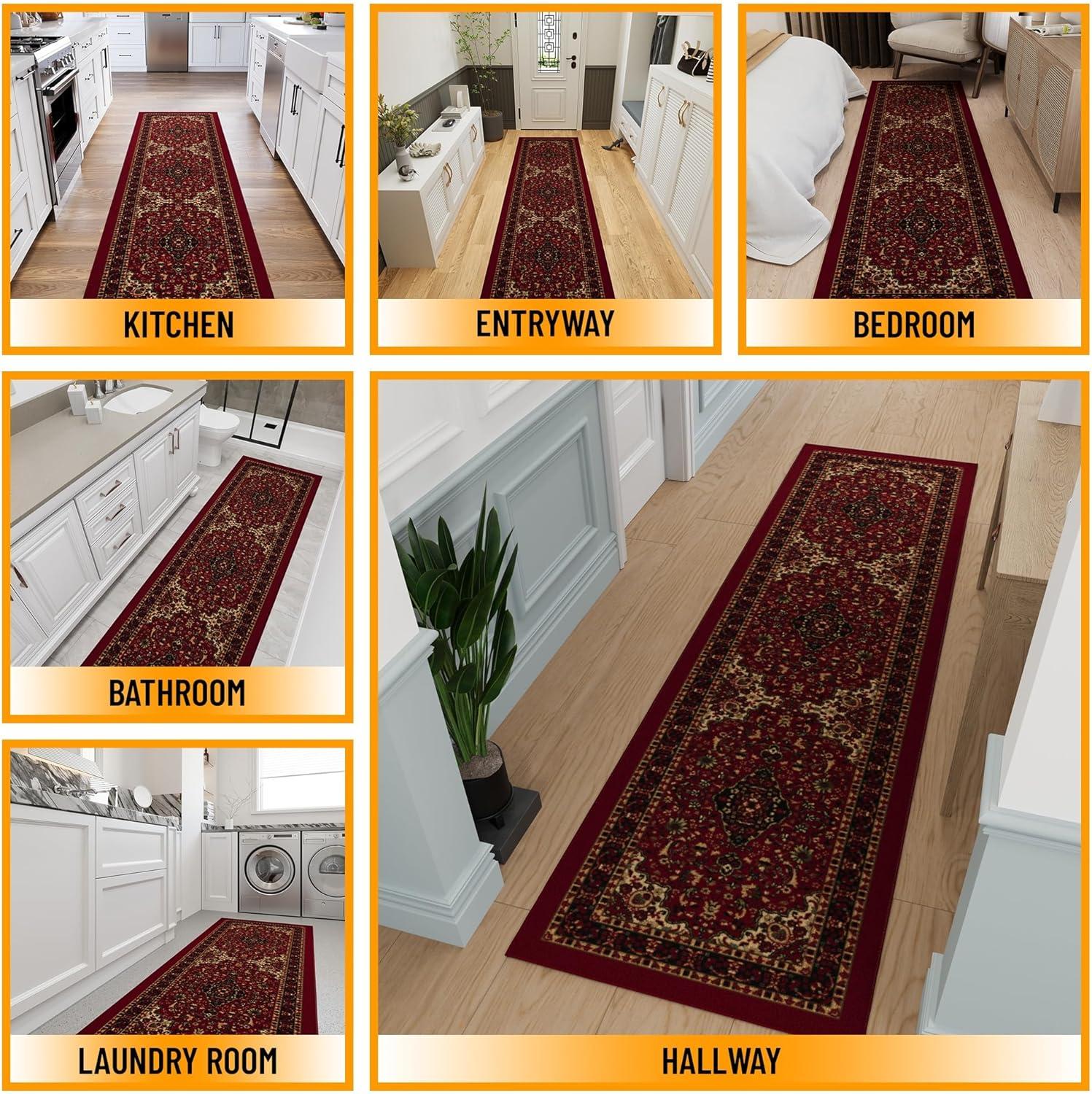 Ottohome Non-Slip Medallion Oriental Area Rug For Living Room, Hallway, Entryway Rug, Dark Red