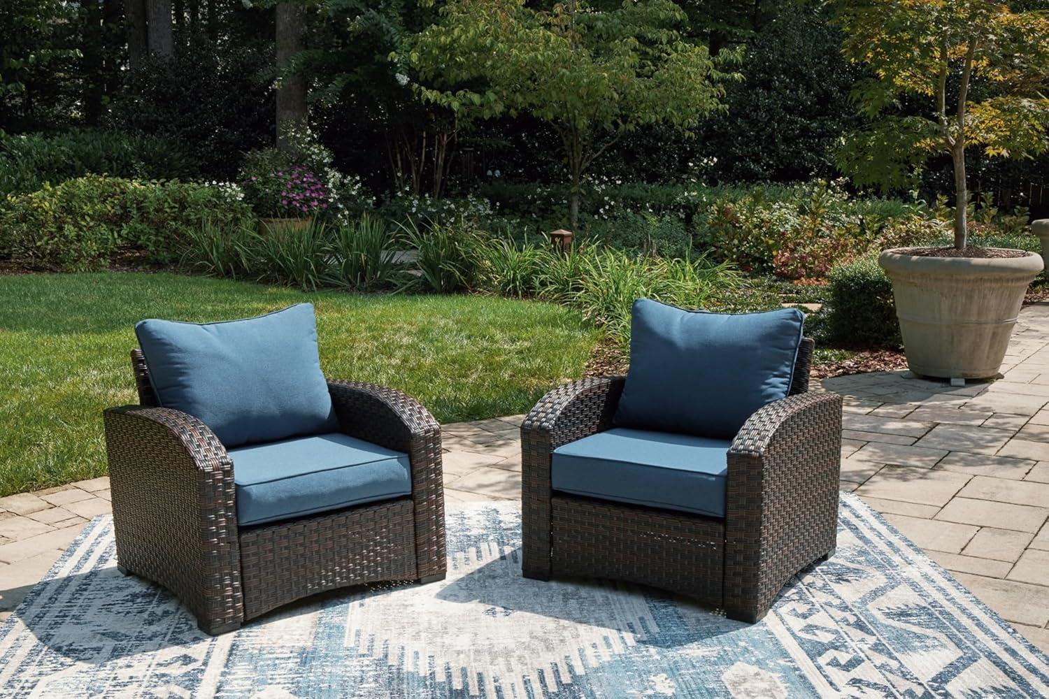 Signature Design by Ashley Windglow Outdoor Wicker Lounge Chair with Cushion, Blue/Brown