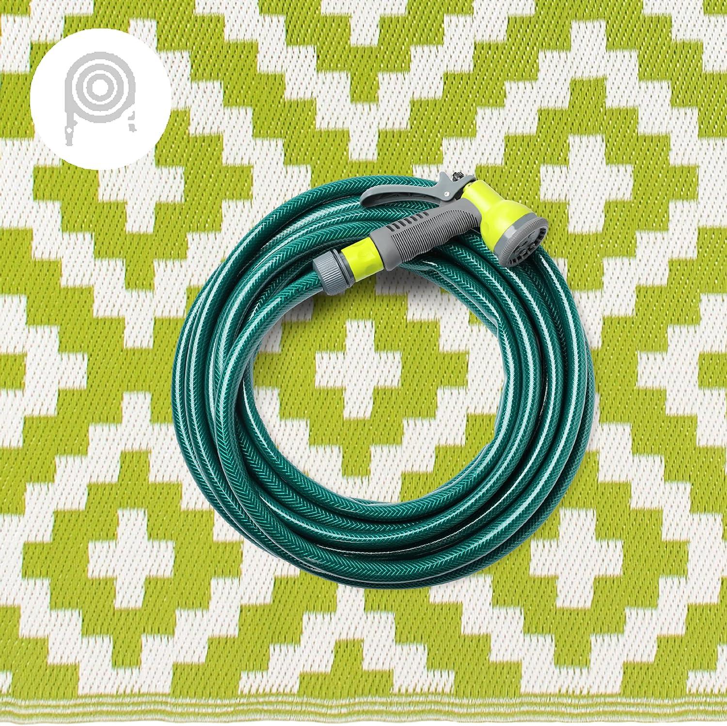 FH Home Outdoor Rug - Waterproof, Fade Resistant, Crease-Free - Premium Recycled Plastic - Geometric - Patio, Porch, Deck, Balcony - Aztec - Green & White - 5 x 8 ft