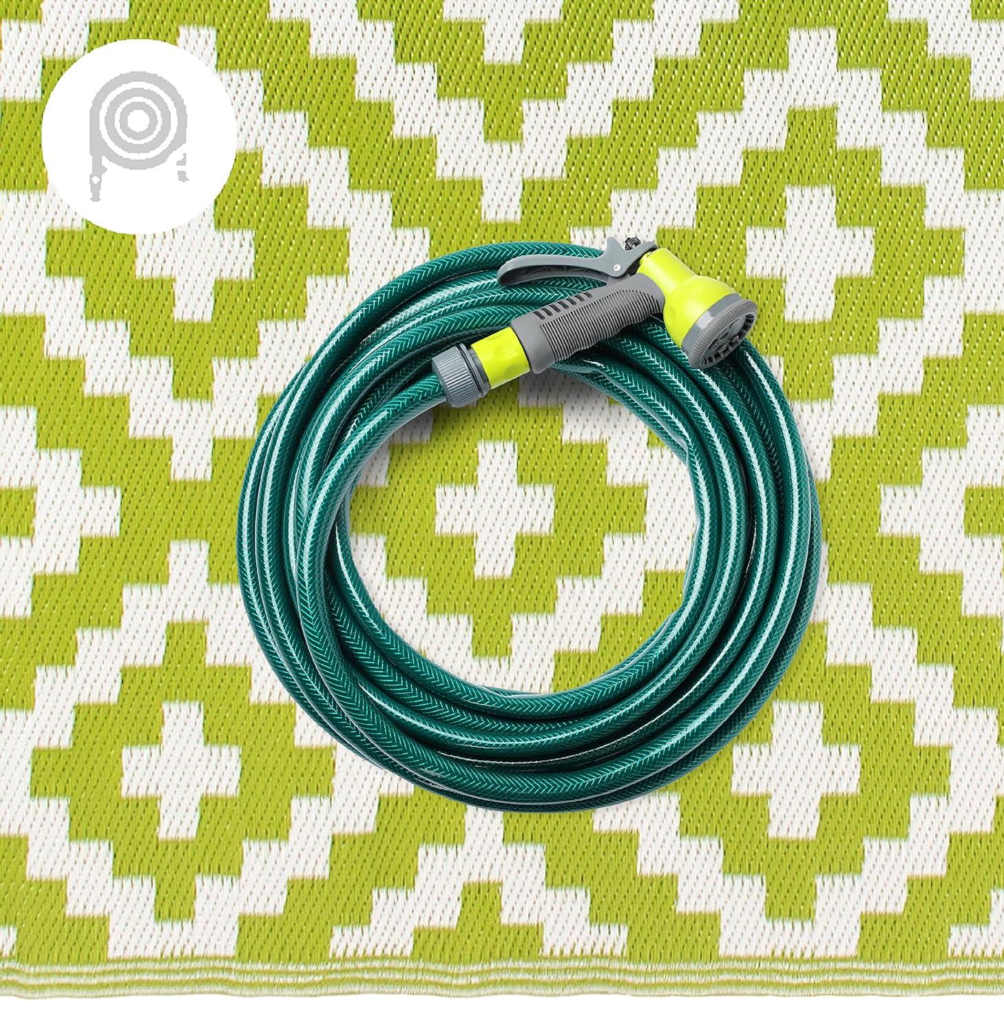 FH Home Outdoor Rug - Waterproof, Fade Resistant, Crease-Free - Premium Recycled Plastic - Geometric - Patio, Porch, Deck, Balcony - Aztec - Green & White - 5 x 8 ft