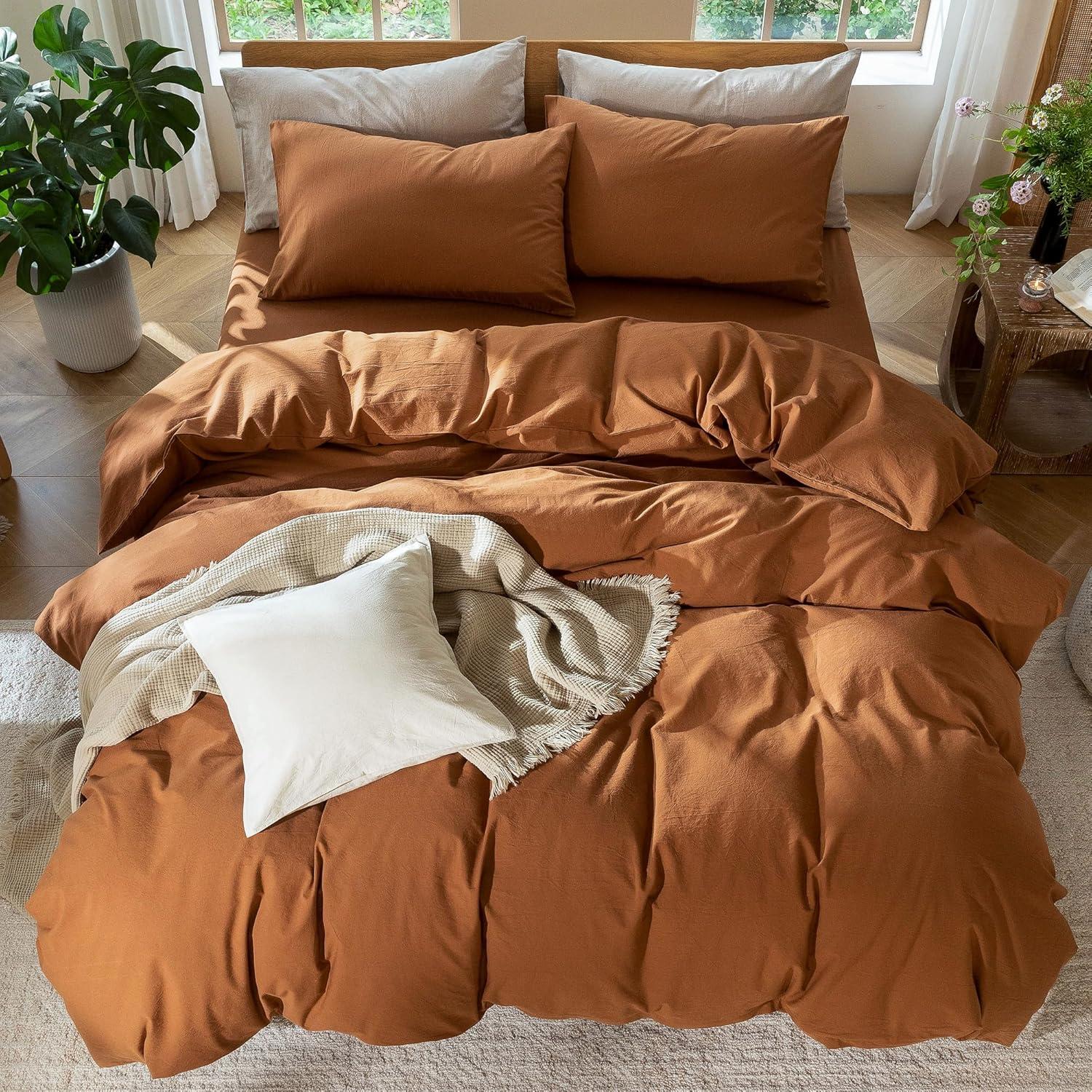 MOOMEE 100% Washed Cotton Linen Like Textured Duvet Cover Set