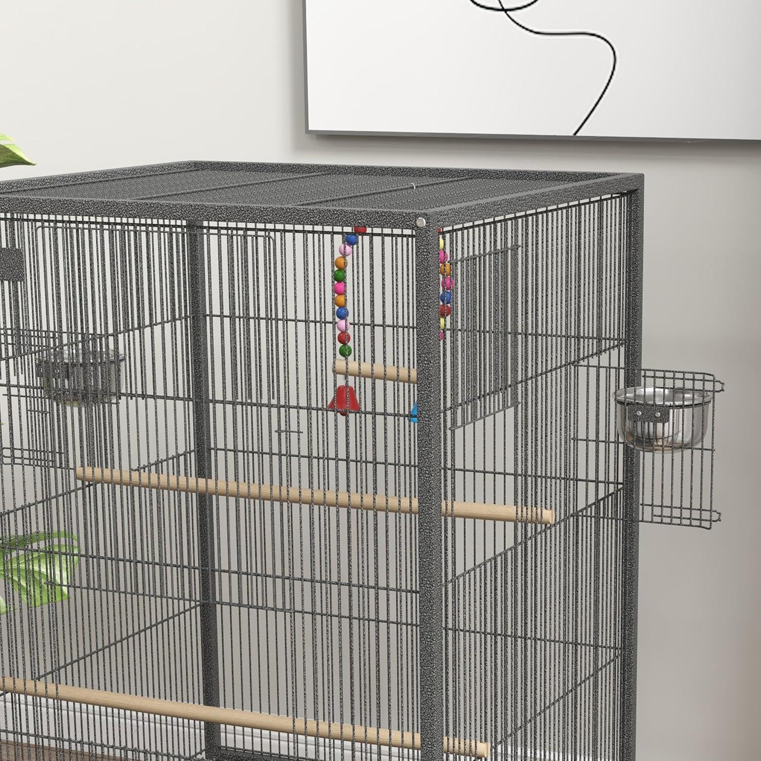 Pawhut Metal Bird Cage with Stand for Parrots, Lovebirds, Finches, Gray