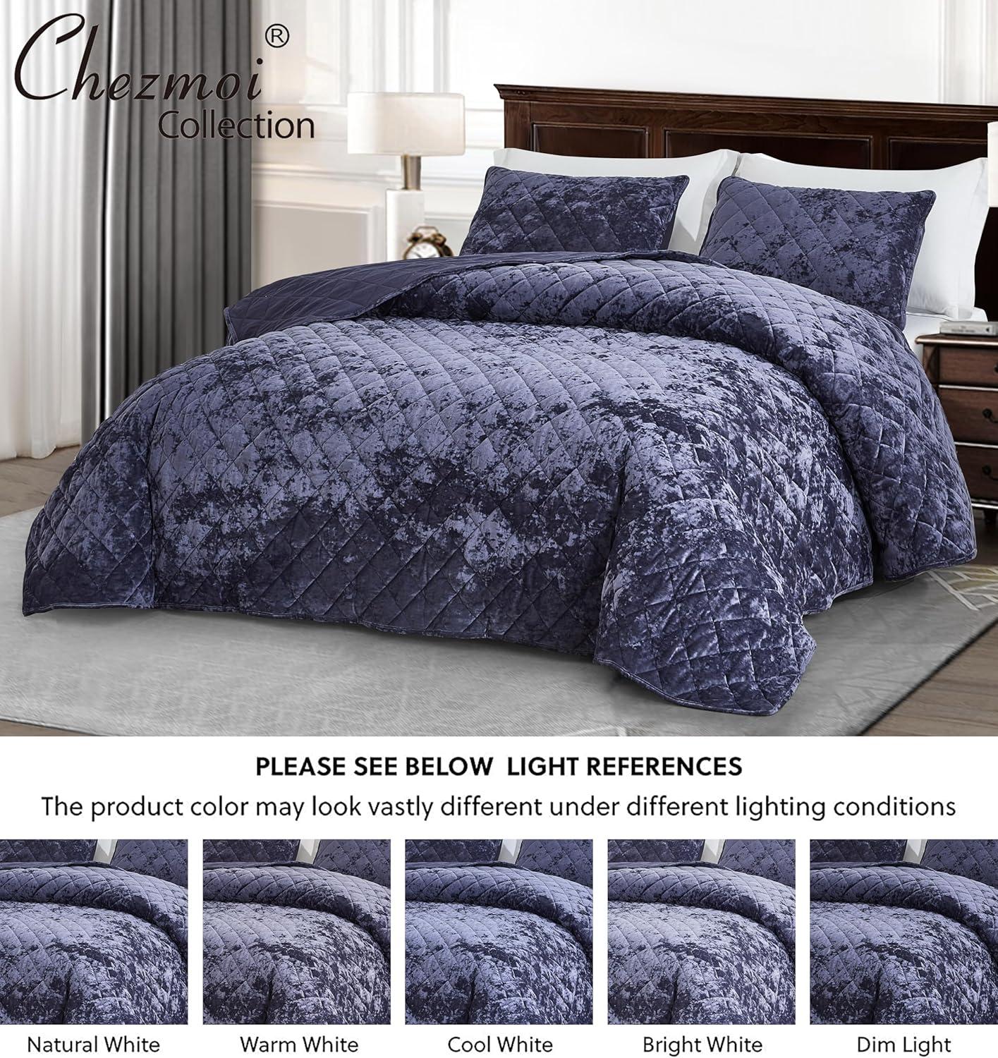 Fredsure Distressed Velvet Quilt Set, 3 Pieces Purple Queen, Distressed Velvet Face and Brushed Microfiber Reverse with Diamond Quilting