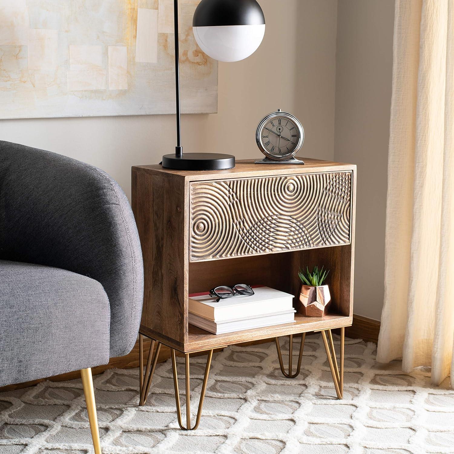 Solene 1 Drawer Nightstand - Natural/Brass - Safavieh.