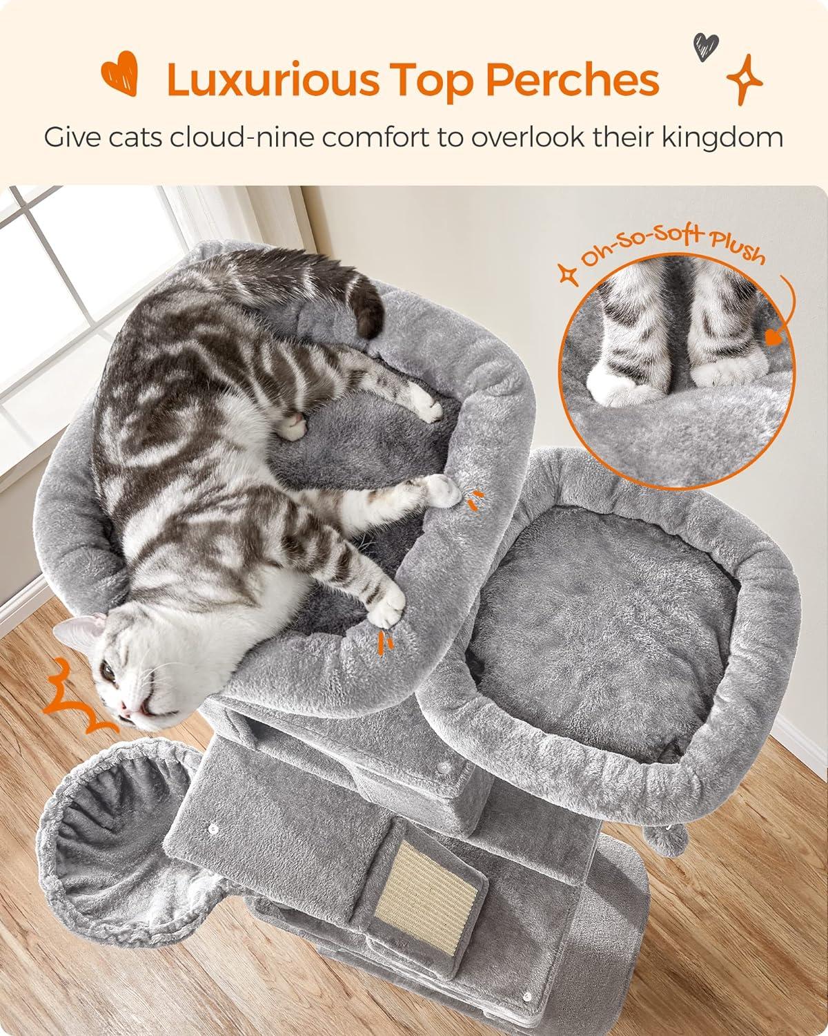 81.1"H Cat Tree Cat Tower for Indoor Cats, Plush Multi-Level Cat Condo with Scratching Posts, Perches, Caves, Hammock, Light Gray