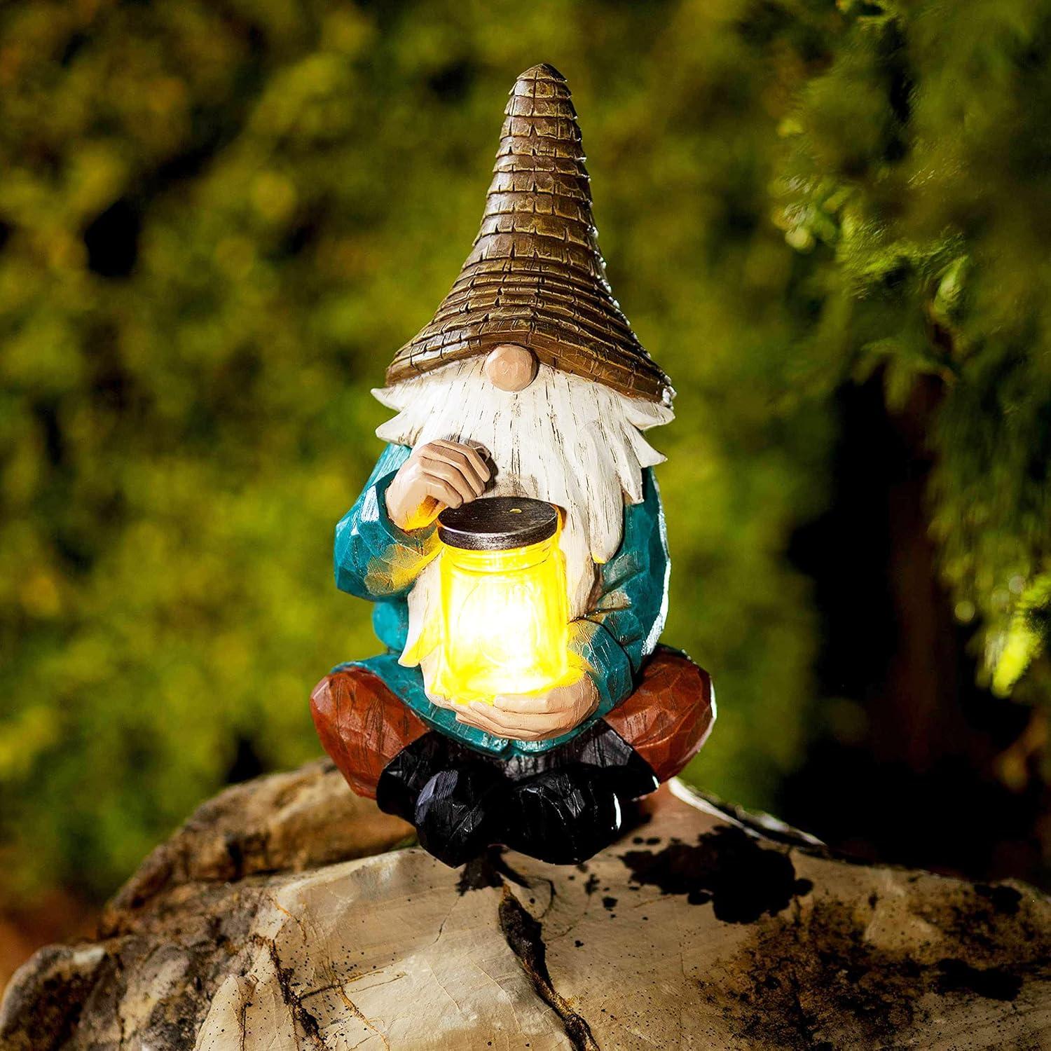VP Home Firefly Jar Gnomes - Outdoor Garden Gnome with Solar Light - Durable Garden Decorations for Yard, Lawn, Patio - 10.5H x 7W x 5.5D - Weather-Resistant Gnome Statue
