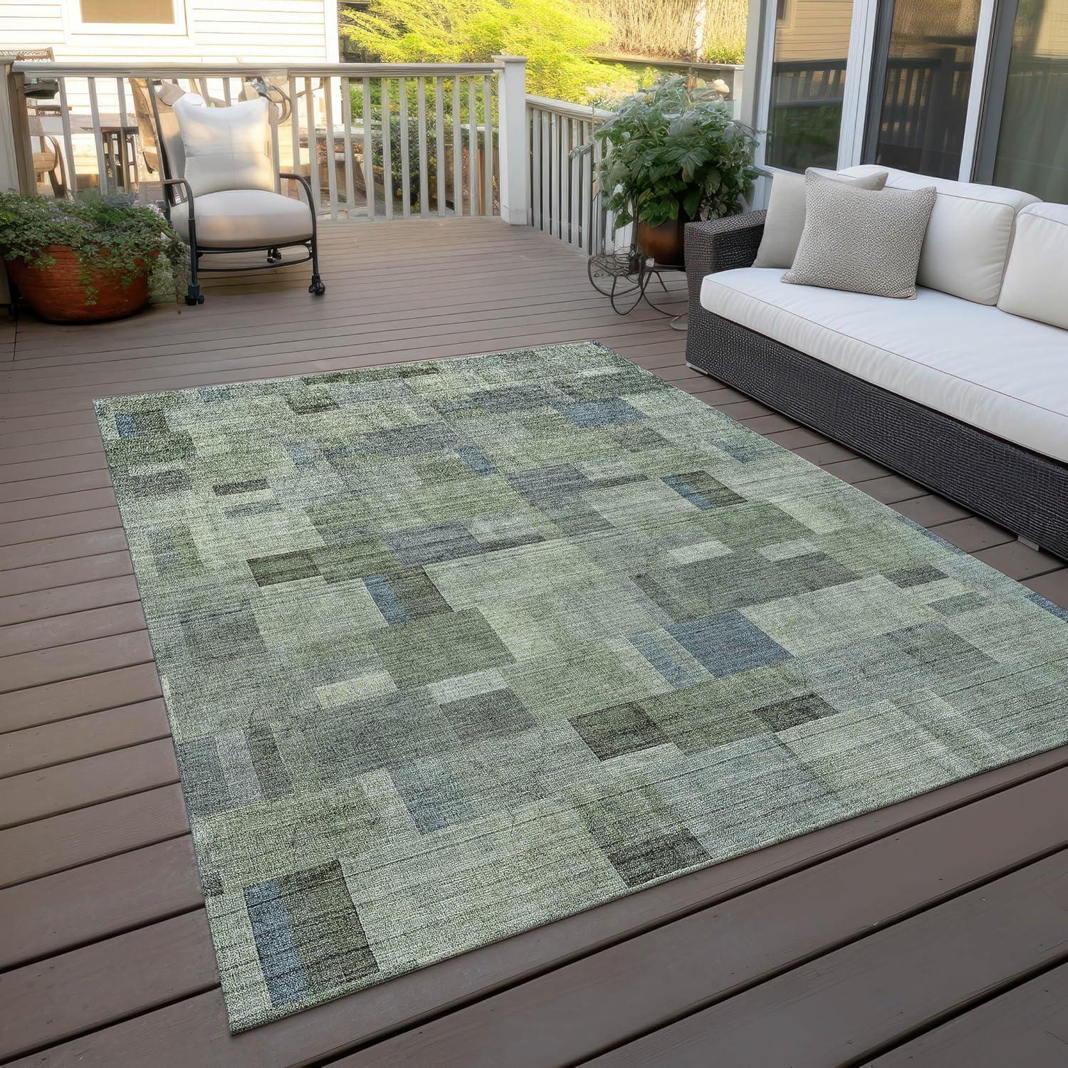 Green and Gray Synthetic Flat Woven Washable Area Rug