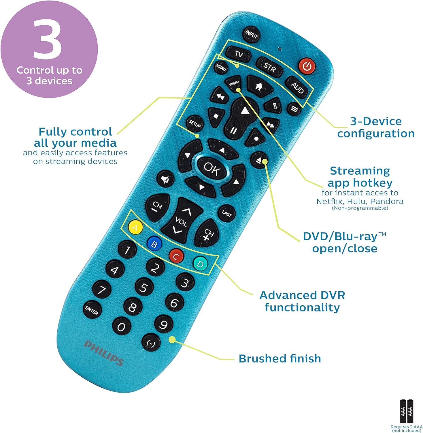 Philips 3-Device Universal Remote Control, Brushed Electric Blue, SRP3249B/27