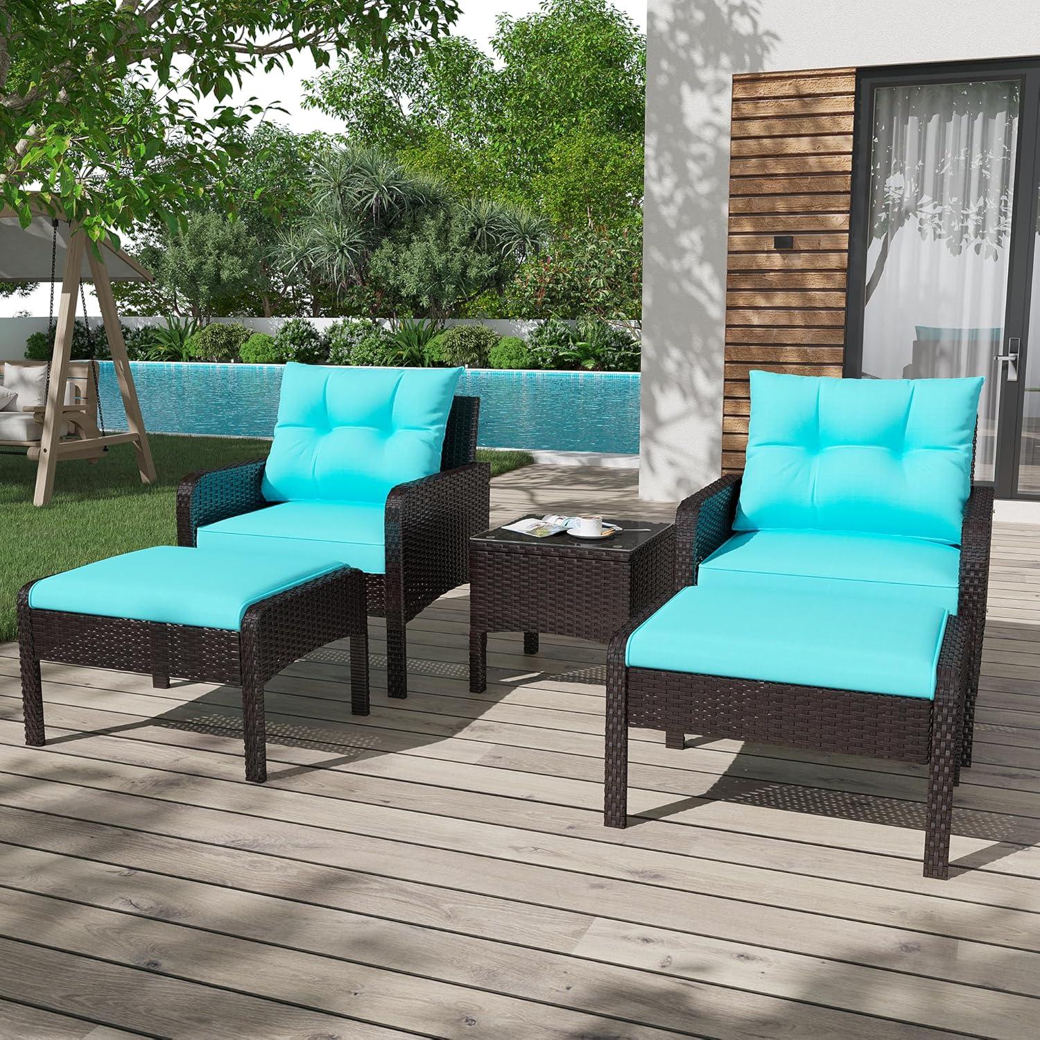 Spaco 5 Pieces Patio Rattan Sofa Ottoman Furniture Set with Cushions, Conversation Set with 2 Single Chairs, 2 Ottomans and A Side Table, Ottoman Furniture Set for Outdoor, Turquoise