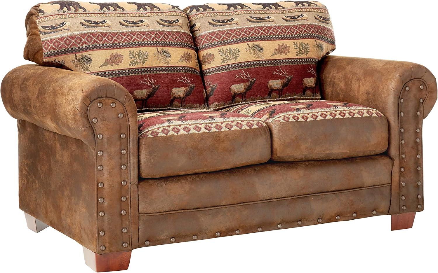 Sierra Lodge Brown Faux Leather Tufted Loveseat with Nailhead Accents