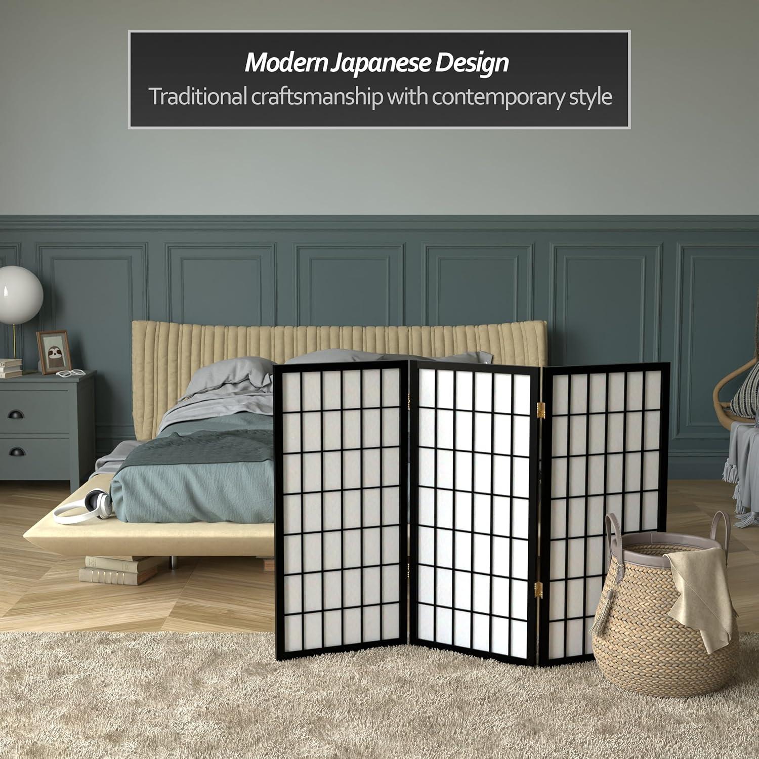 3 ft. Tall Window Pane Shoji Screen - Black (3 Panels) - Oriental Furniture: Hardwood Frame, No Assembly Required