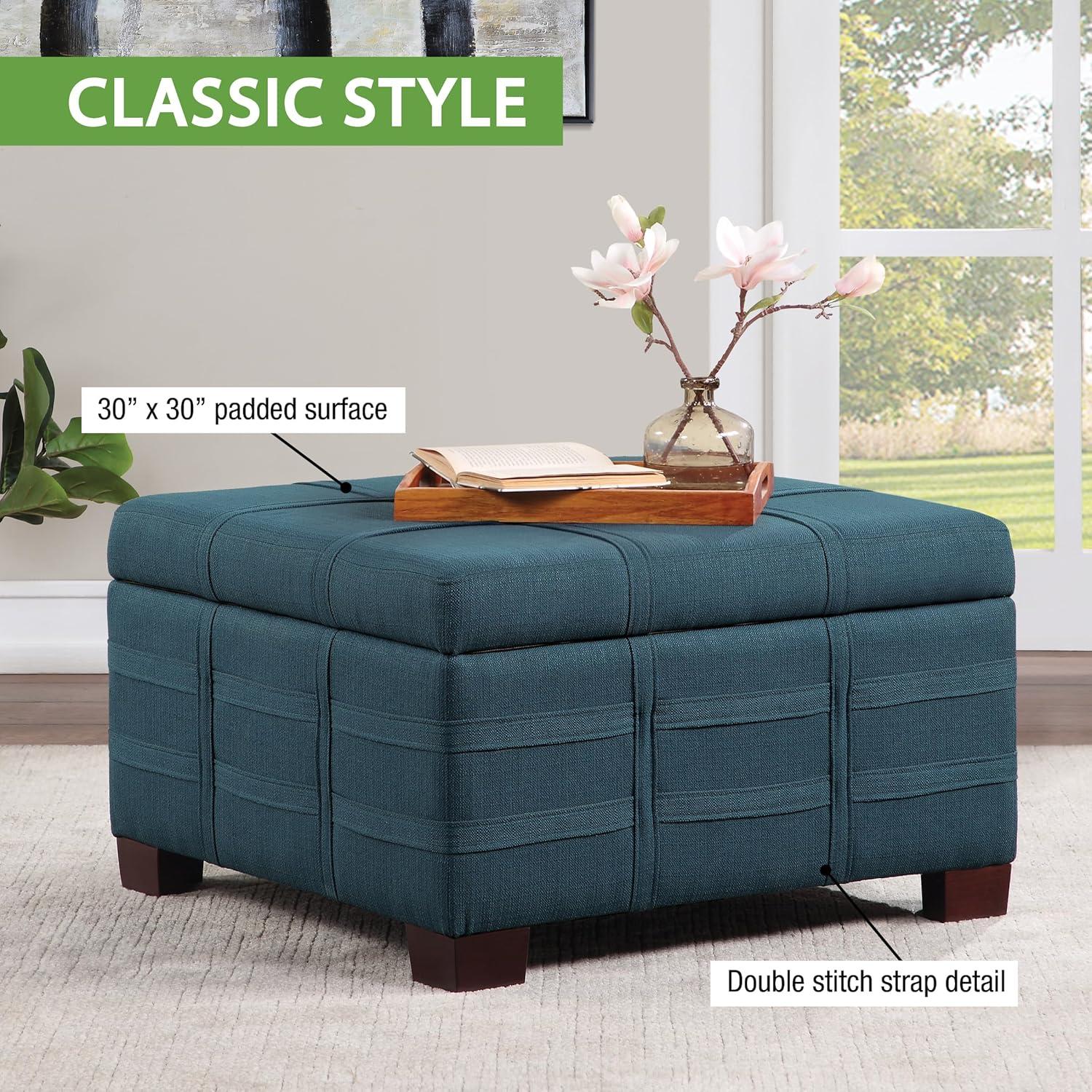 Detour Strap Square Storage Ottoman in Azure Blue Fabric