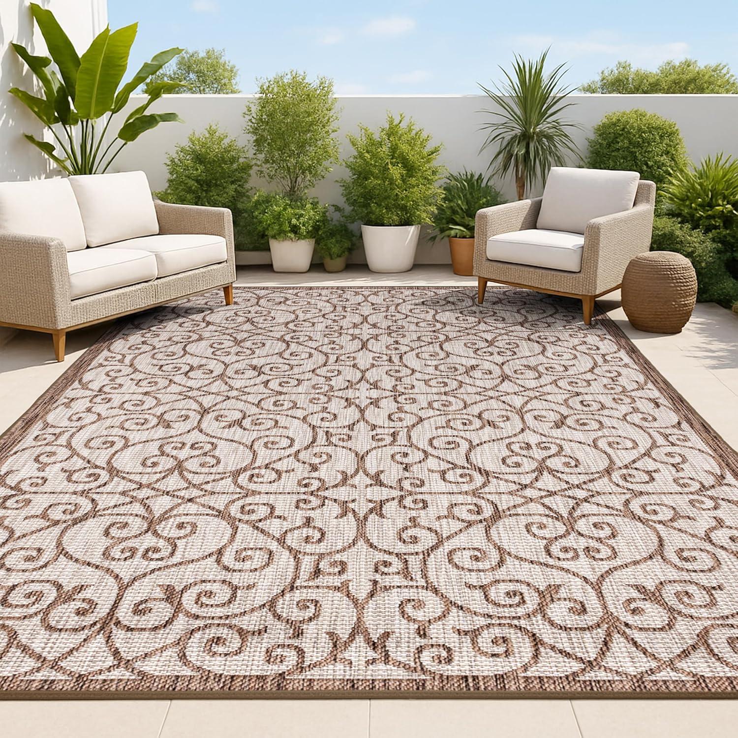 3'x5' Madrid Vintage Filigree Textured Weave Indoor/Outdoor Area Rug, Taupe/Espresso - JONATHAN Y