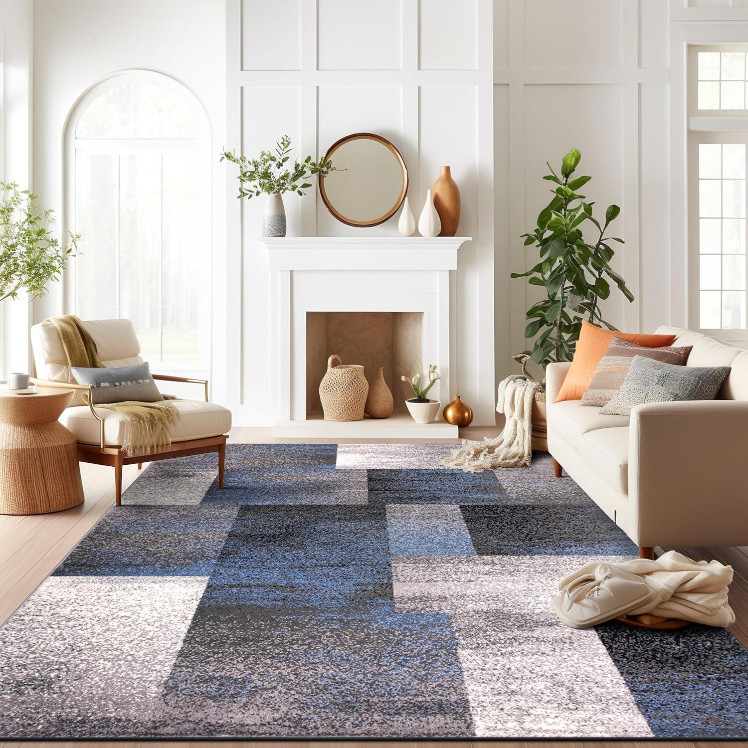 World Rug Gallery Contemporary Modern Geometric Boxes Area Rug - Blue 7'10" x 10'