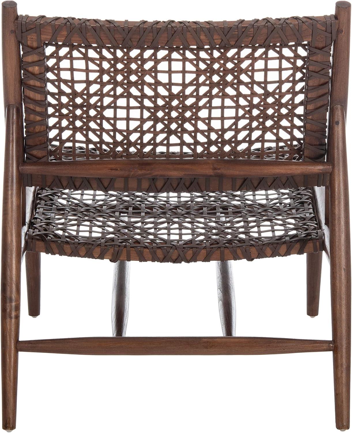 Transitional Brown Leather Weave Accent Chair with Sungkai Wood