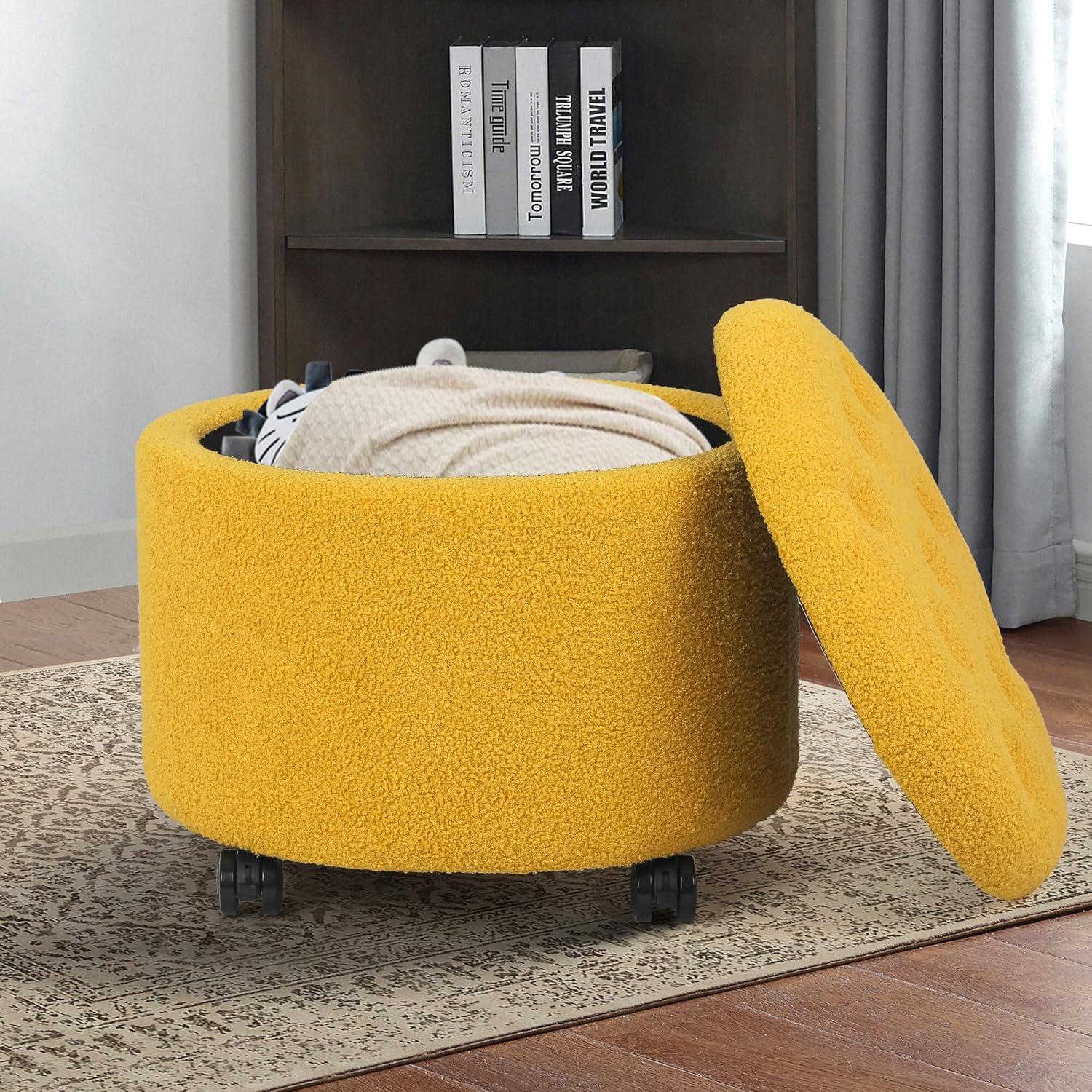 Round Storage Ottoman with Casters, Teddy Velvet Button Tufted Foot Rest Stool for Living Room Bedroom