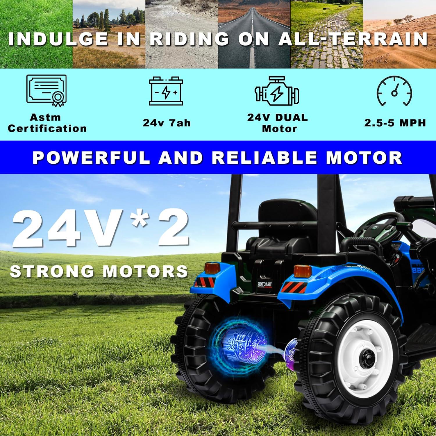 24V Kids Ride On Tractor w/Front Loader, Power Wheels 24V Ride on Toys for Boys Girls, Kids Ride on Excavator w/Dual Motor, Battery Powered Electric Riding Toys (Green Tractor with Front Loader)