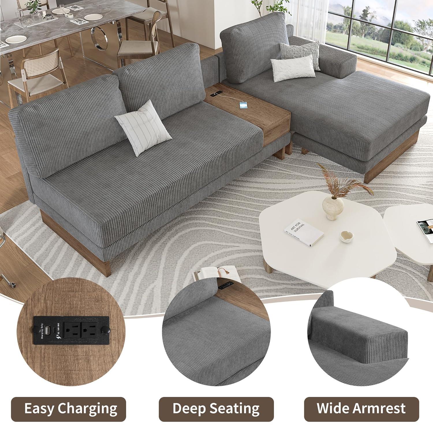 114" L-shaped Sofa Sectional Sofa with Two USB Ports and Two Power Sockets, A Storage Drawer and A Reversible Chaise Lounge for Living Room
