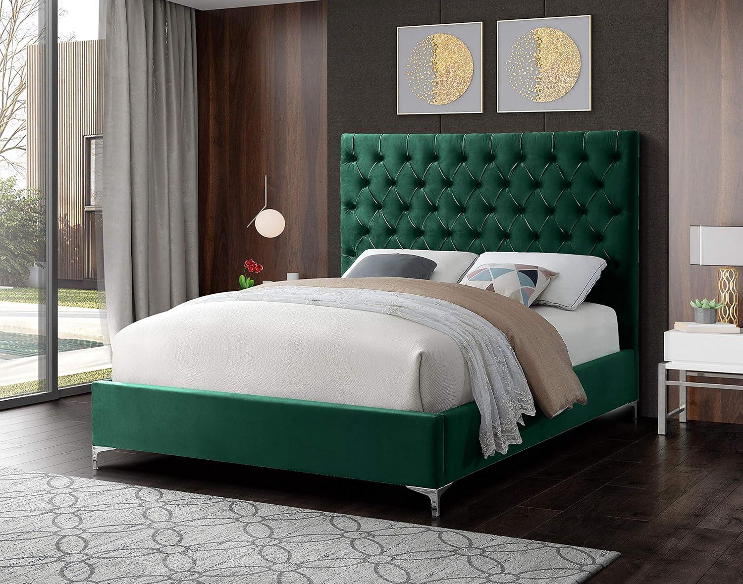 Meridian Furniture Cruz Solid Wood Tufted Velvet King Bed in Green