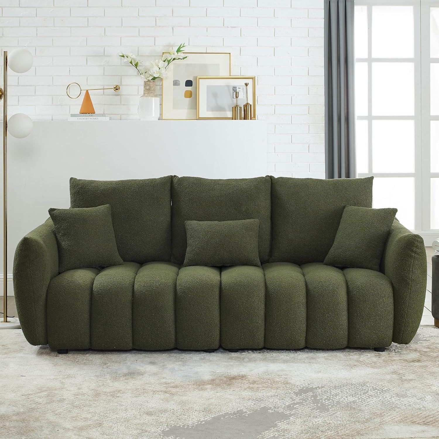 LUCKHAO  82" Modern Couch Premium Teddy fabric Sofa with 3 Back Pillows and 3 back Cushions Solid Wood Frame 3-Seater Sofa, Oversized Upholstered Chair for Living Room, Bedroom, Apartment and Office