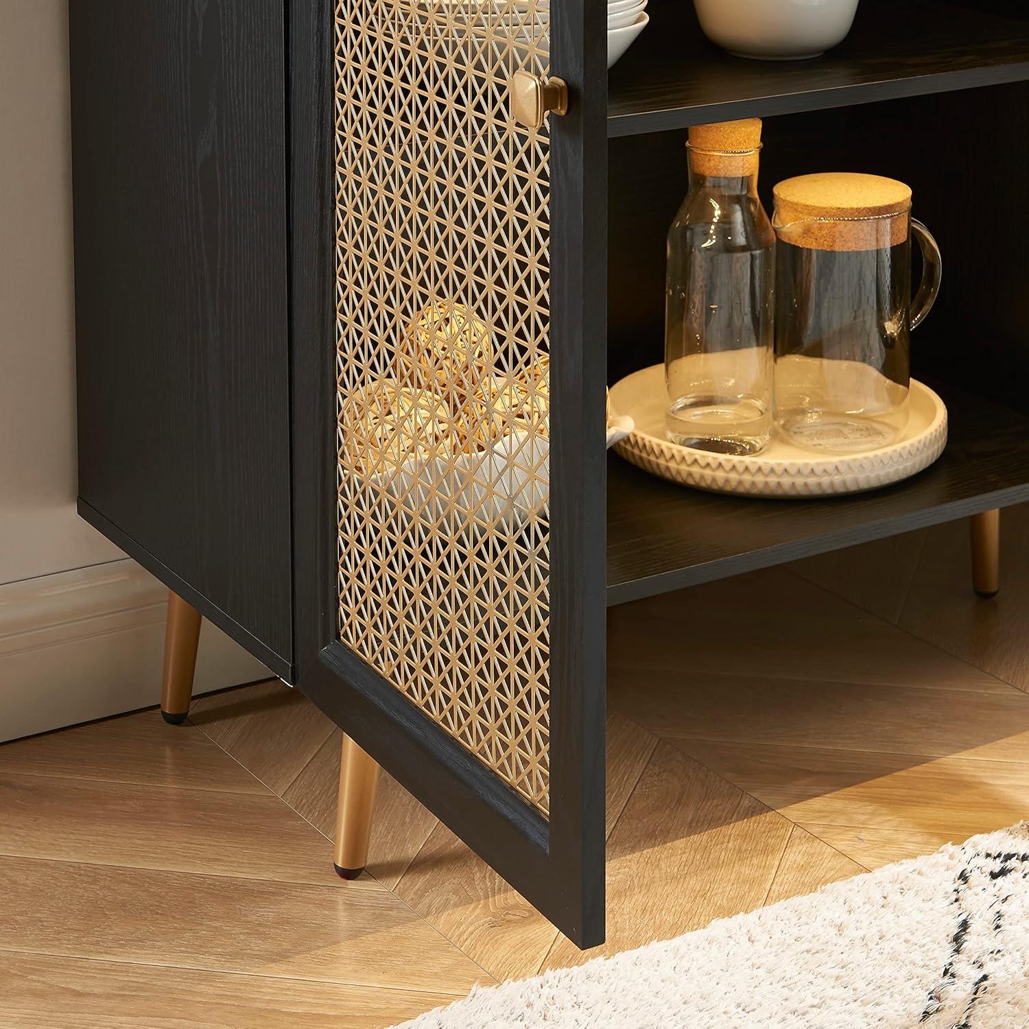 61.7''W Four Door Wood Buffets and Sideboards Storage Cabinet with LED Light Black