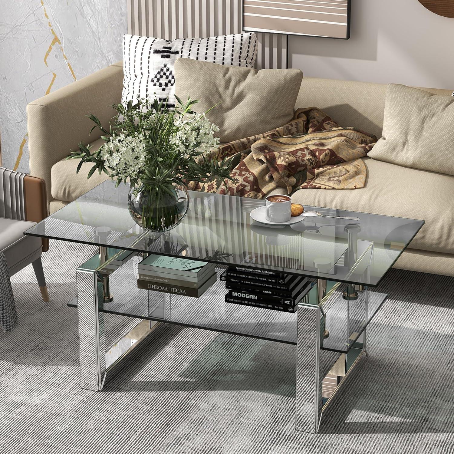 Gzxs Glass Coffee Table with 2 Tier Glass Boards & Sturdy Metal Legs, Mirrored Clear Rectangle Glass Cocktail Tea Table for Home Office, Silver